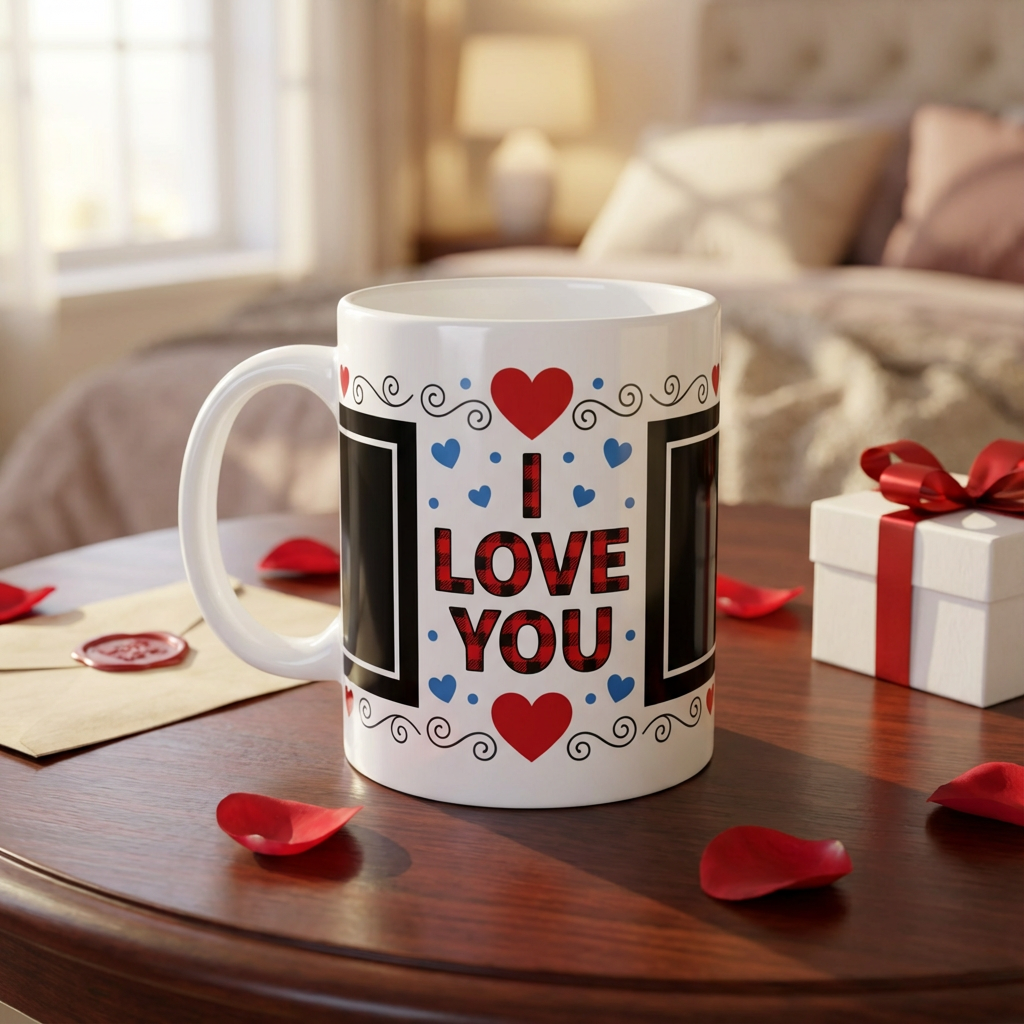 Romantic Hearts Dual Frame – Custom Photo Print Ceramic Mug (11oz) - Personalized Gift with 2 Photo Slots