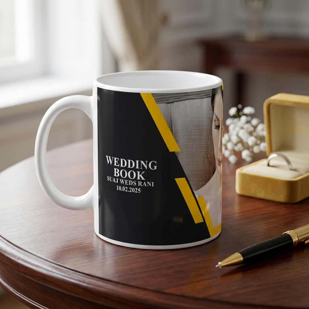 Modern Black & Gold Wedding Book – Custom Photo Print Ceramic Mug (11oz) - Personalized Gift