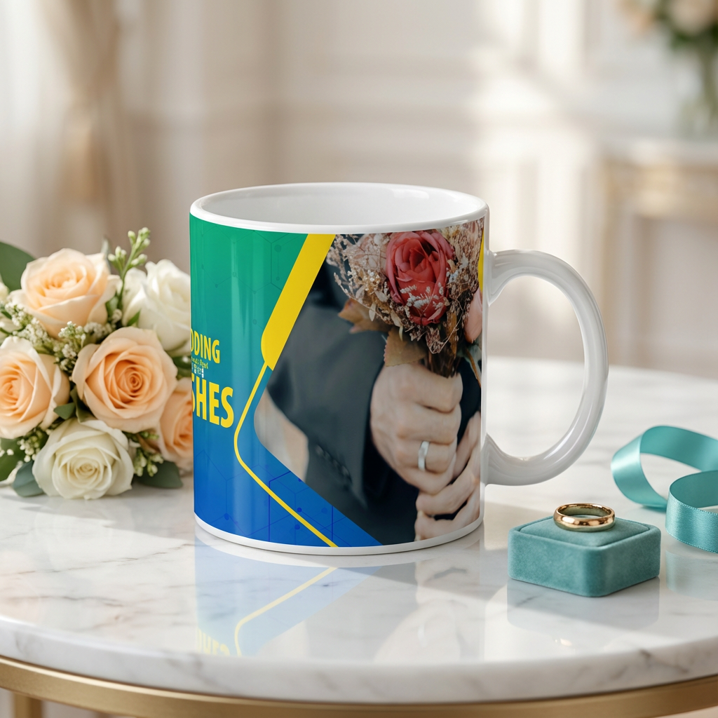 Teal Geometric Wedding Wishes – Custom Photo Print Ceramic Mug (11oz) - Personalized Gift for Couples