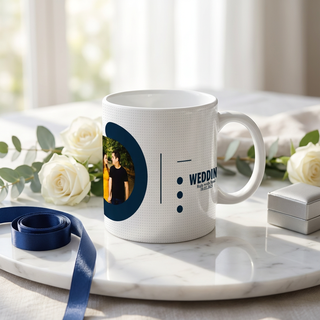 Modern Navy Geometric Wedding – Custom Photo Print Ceramic Mug (11oz) - Personalized Gift for Couples