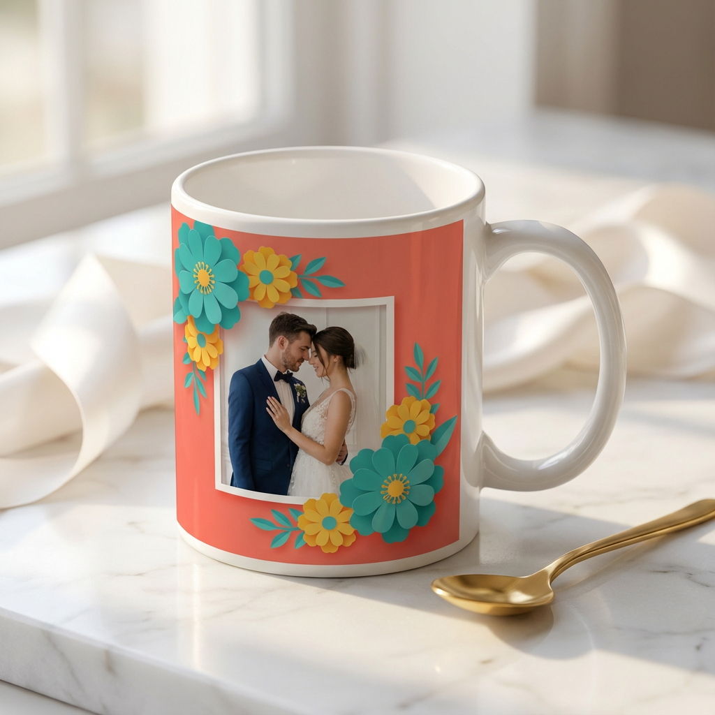 Floral Wedding Wishes – Custom Photo Print Ceramic Mug (11oz) - Personalized Gift