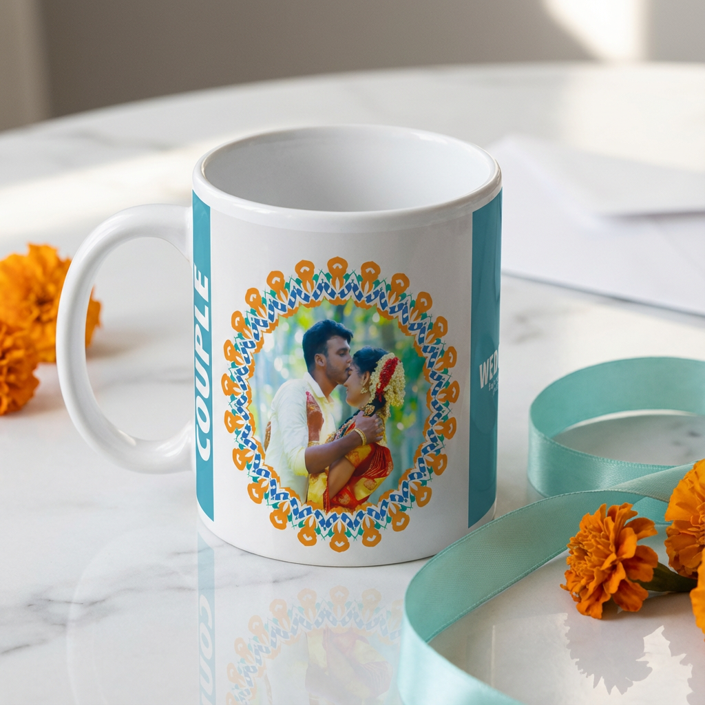 Teal Mandala Wedding – Custom Photo Print Ceramic Mug (11oz) - Personalized Gift for Couples