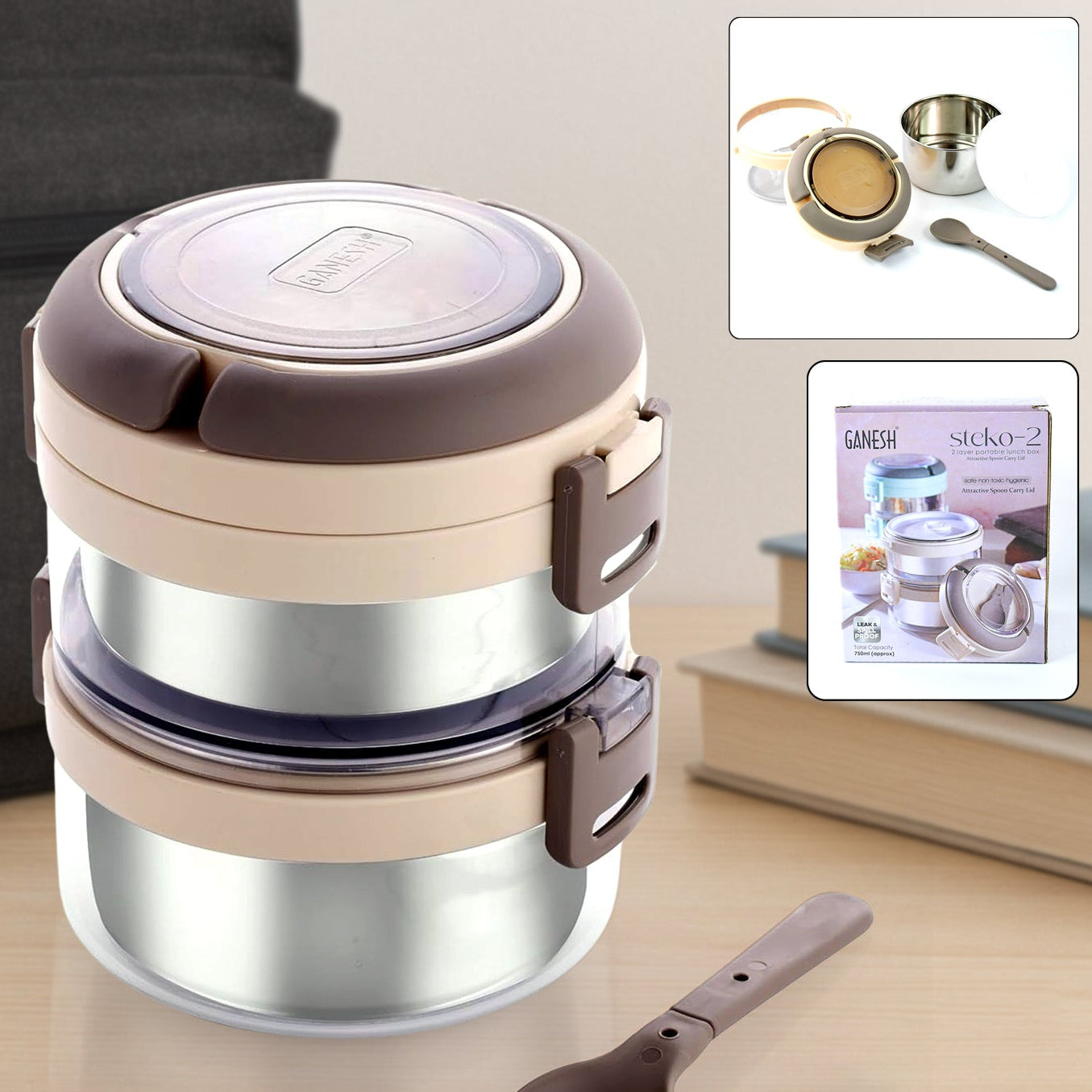 Ganesh Steko-2 Double Layer Stainless Steel Insulated Lunch Box Set - Happy Price - Image 1