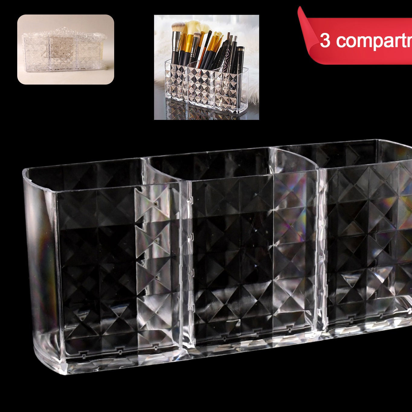 Elegant Crystal-effect 3-compartment Acrylic Makeup Brush Holder (1 Pc) - Happy Price - Image 1