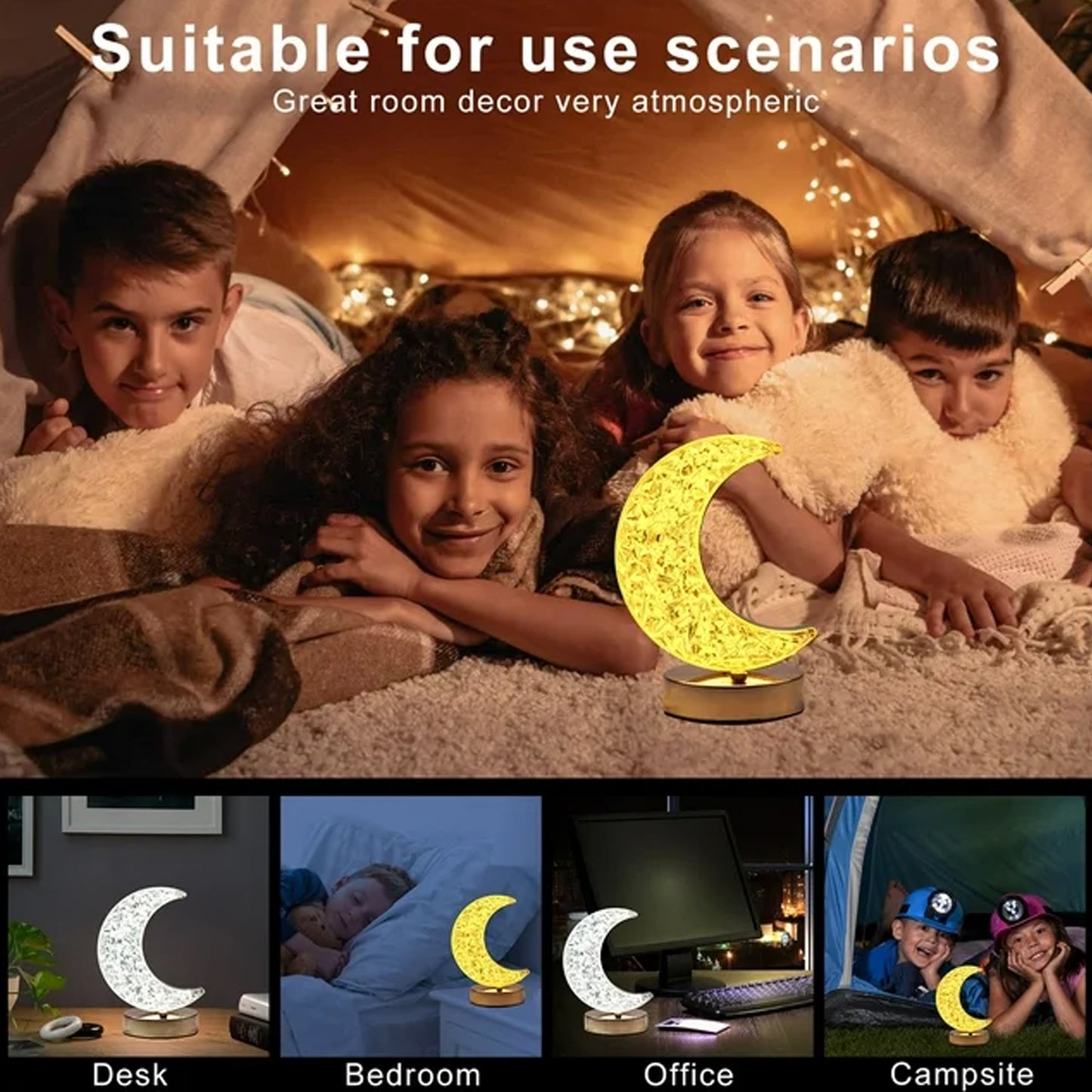 Crystal Table Lamp  Moon Shape Touch Control Lamp With 3 Color  Metal Bedside Lamp For Kids Bedroom Romantic Desktop Nightstand  Stepless Dimming Usb Charging Touch Night Light - Happy Price - Image 6