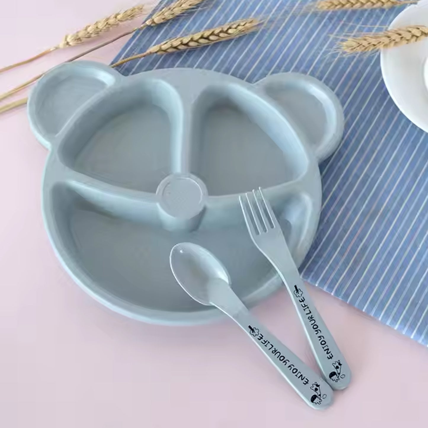 Kids 3 Compartment Food Tray  Plates With Spoon  Fork (1 Set) - Happy Price - Image 2