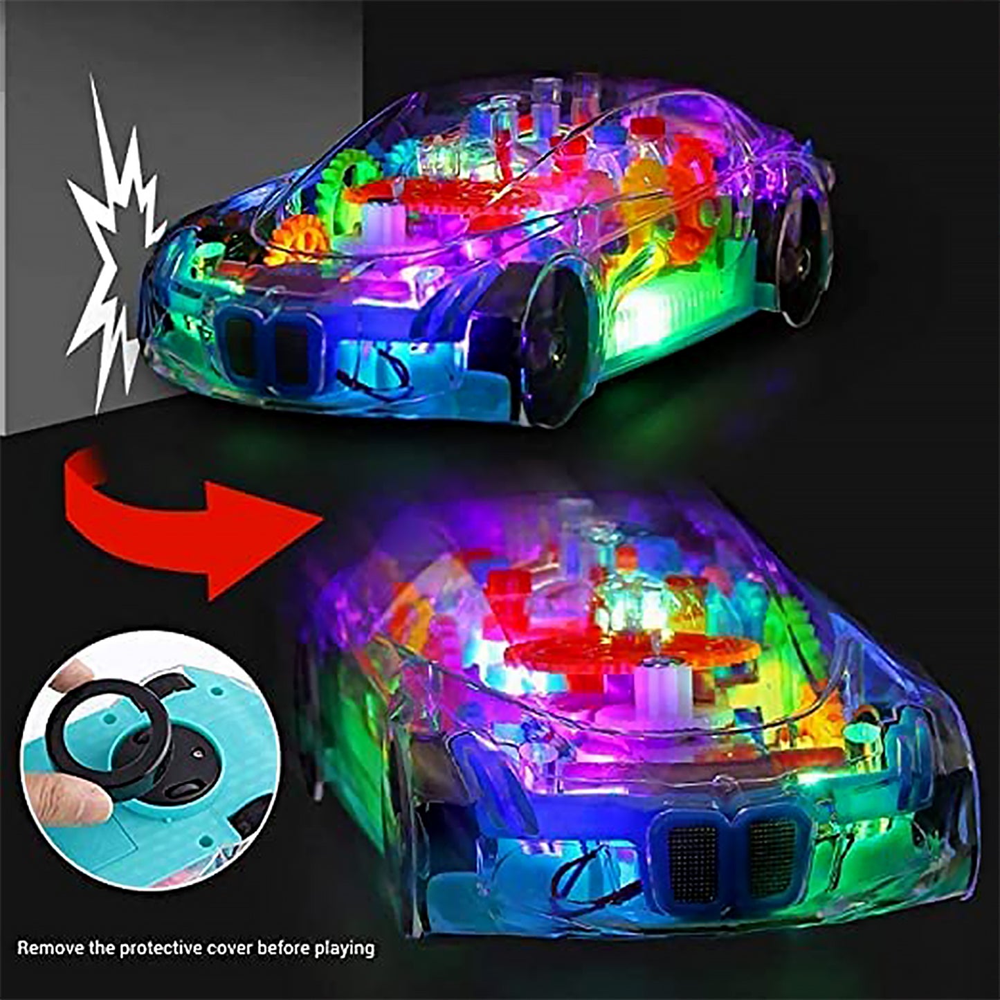 Automatic 360 Degree Rotating Transparent Gear Concept Car With Musical And 3d Flashing Lights Toy For Kids Boys Girls (Multicolor Battery Not Included) - Happy Price - Image 5
