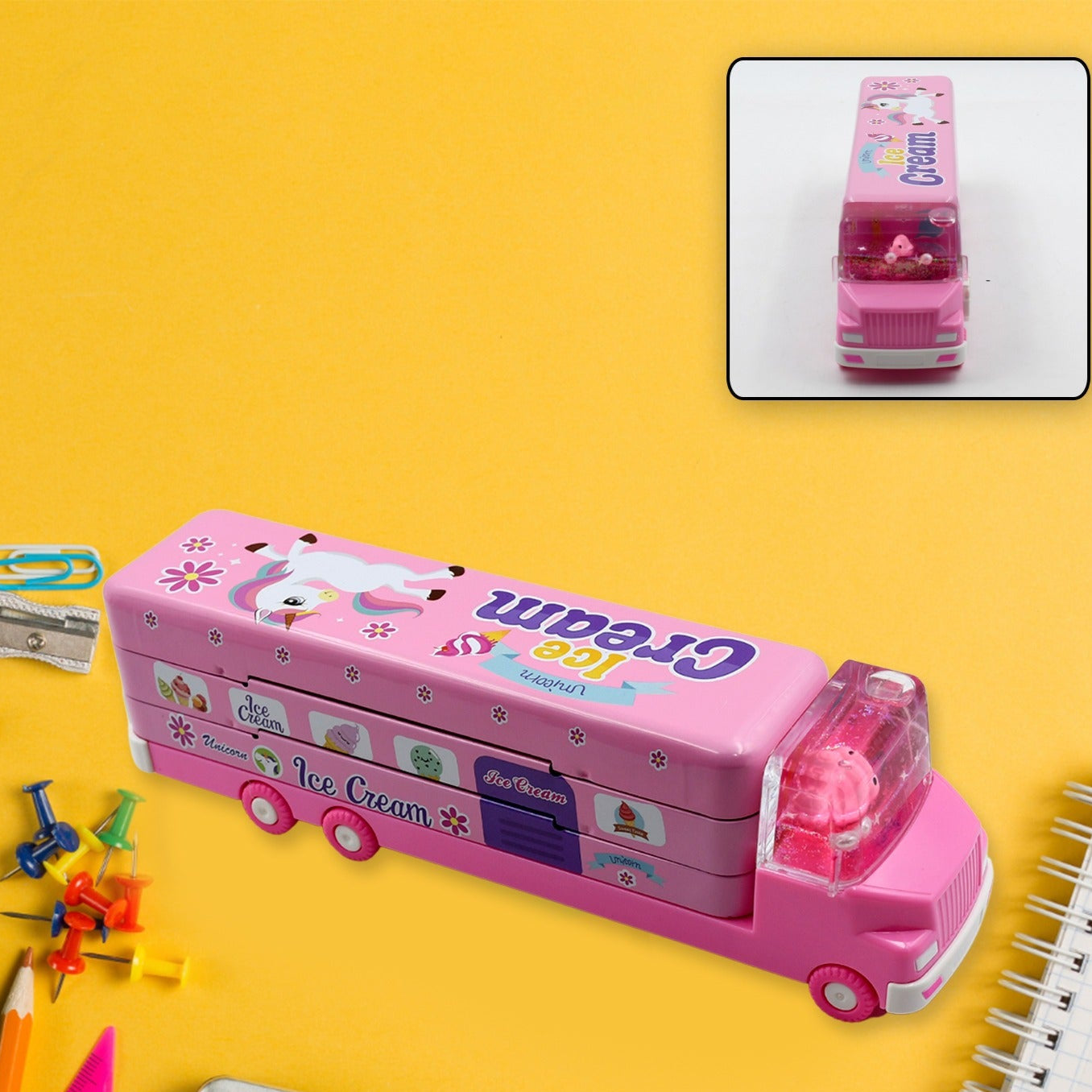 Double Decker Magic Ice Cream Truck Compass Multi Level Metal Truck Compass Pencil Case With Movable Wheels  Sharpener - Happy Price - Image 1