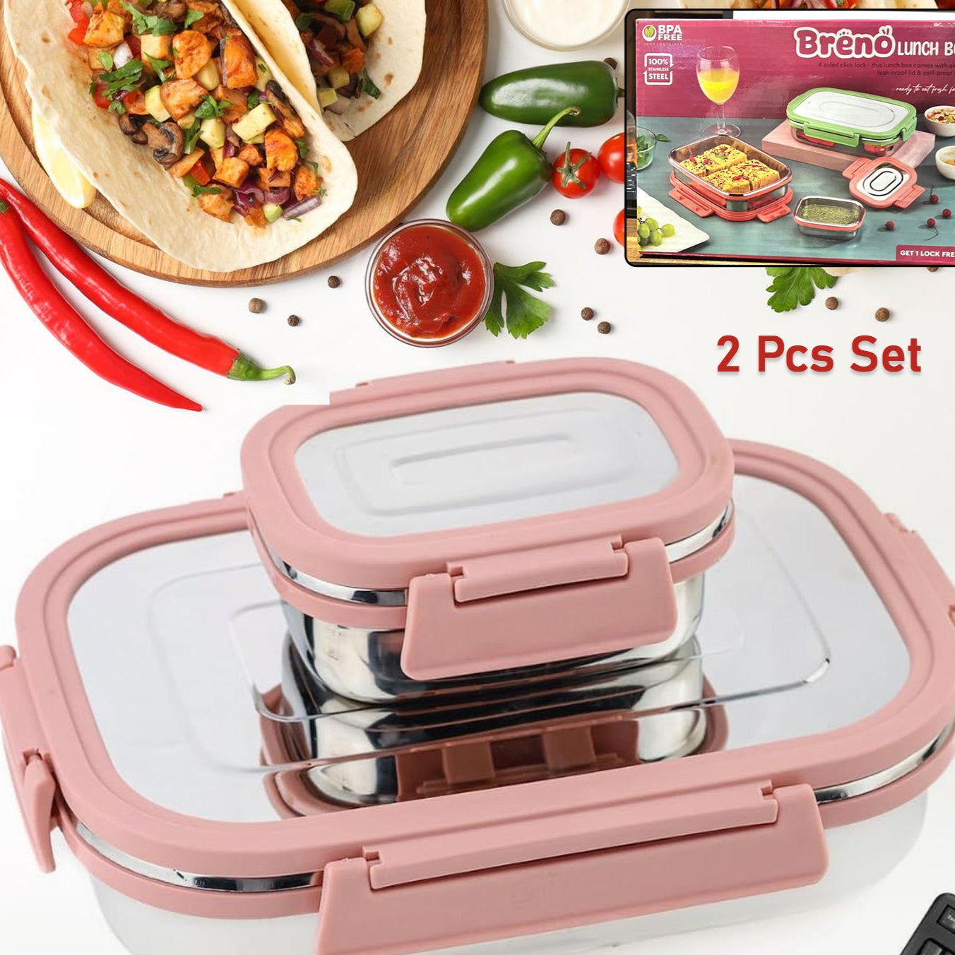 Premium Stainless Steel Leak Proof Air Tight Lunch Boxes (900ml+200ml Approx  2 Pc Set) - Happy Price - Image 1
