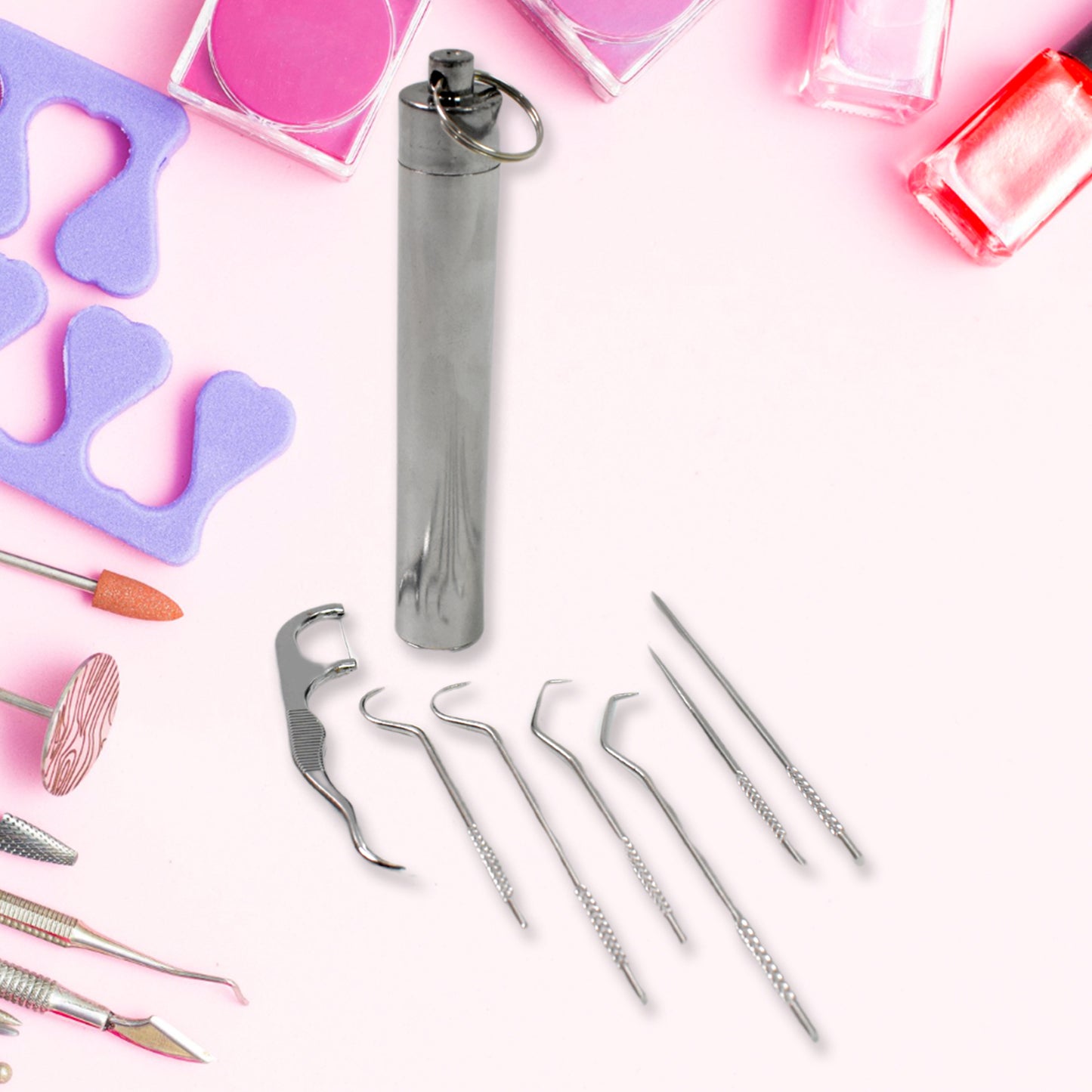 7 In 1 Stainless Steel Toothpick Flossier Set (1 Set  With Case) - Happy Price - Image 2