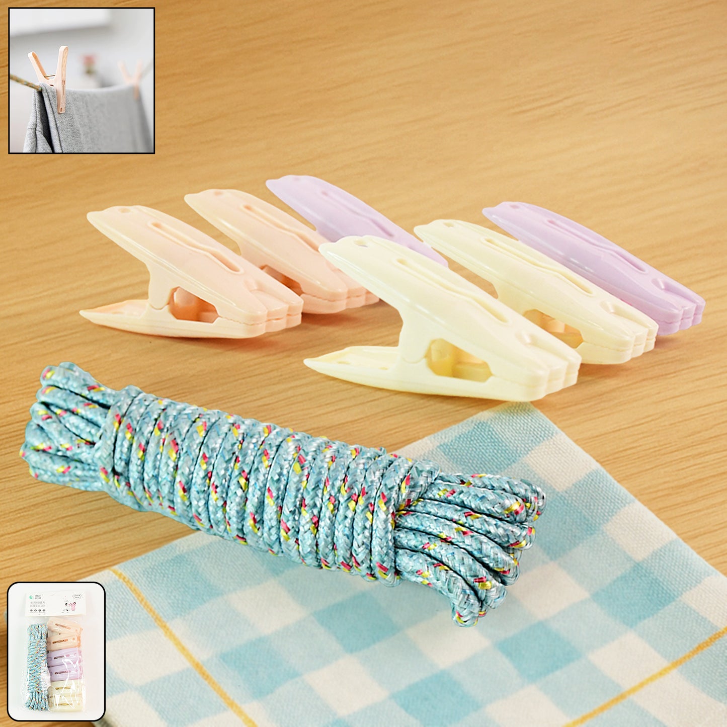 Clothesline Rope With 6 Clips  6 Meter Approx Heavy Duty Laundry Drying Rope With Clip - Happy Price - Image 2