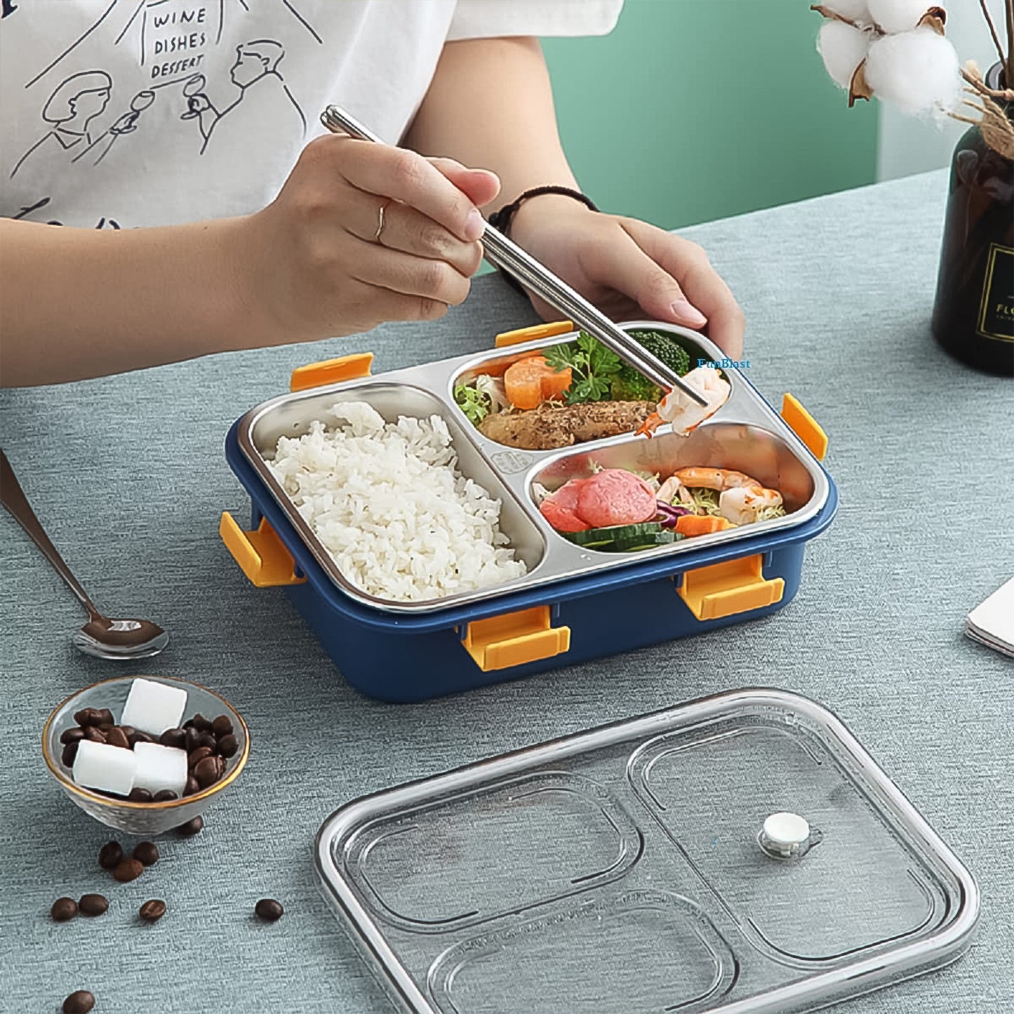 3 Compartment Transparent Stainless Steel Lunch Box With A Spoon And A Pair Of Chopsticks (1 Set) - Happy Price - Image 6
