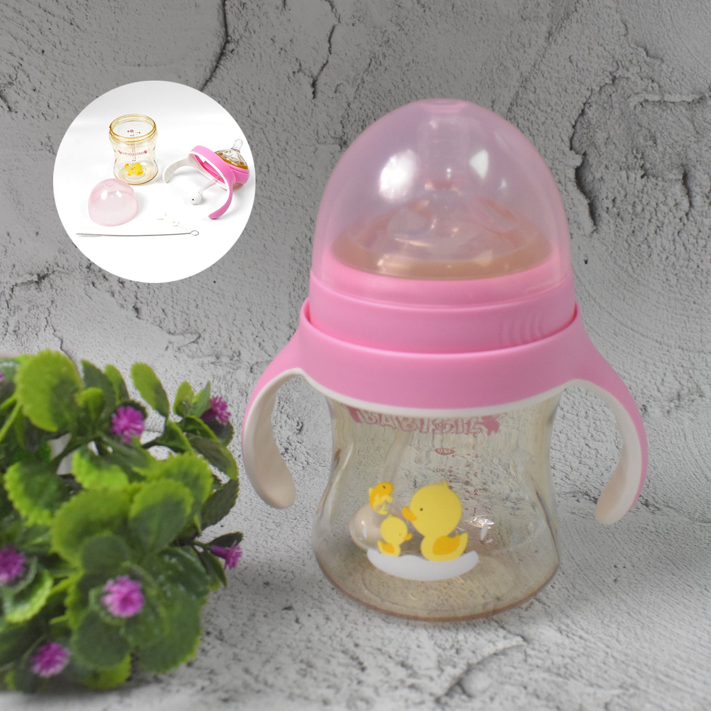Plastic Baby Feeding Bottle With Handles Cleaning Brush  Straw (240 Ml  1 Pc) - Happy Price - Image 3