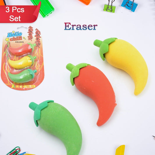 3d Fancy  Stylish Colorful Chili Shape Erasers Mini Eraser Creative Cute Novelty Eraser For Children Eraser Set For Return Gift Birthday Party School Prize (3 Pc Set) - Happy Price - Image 1