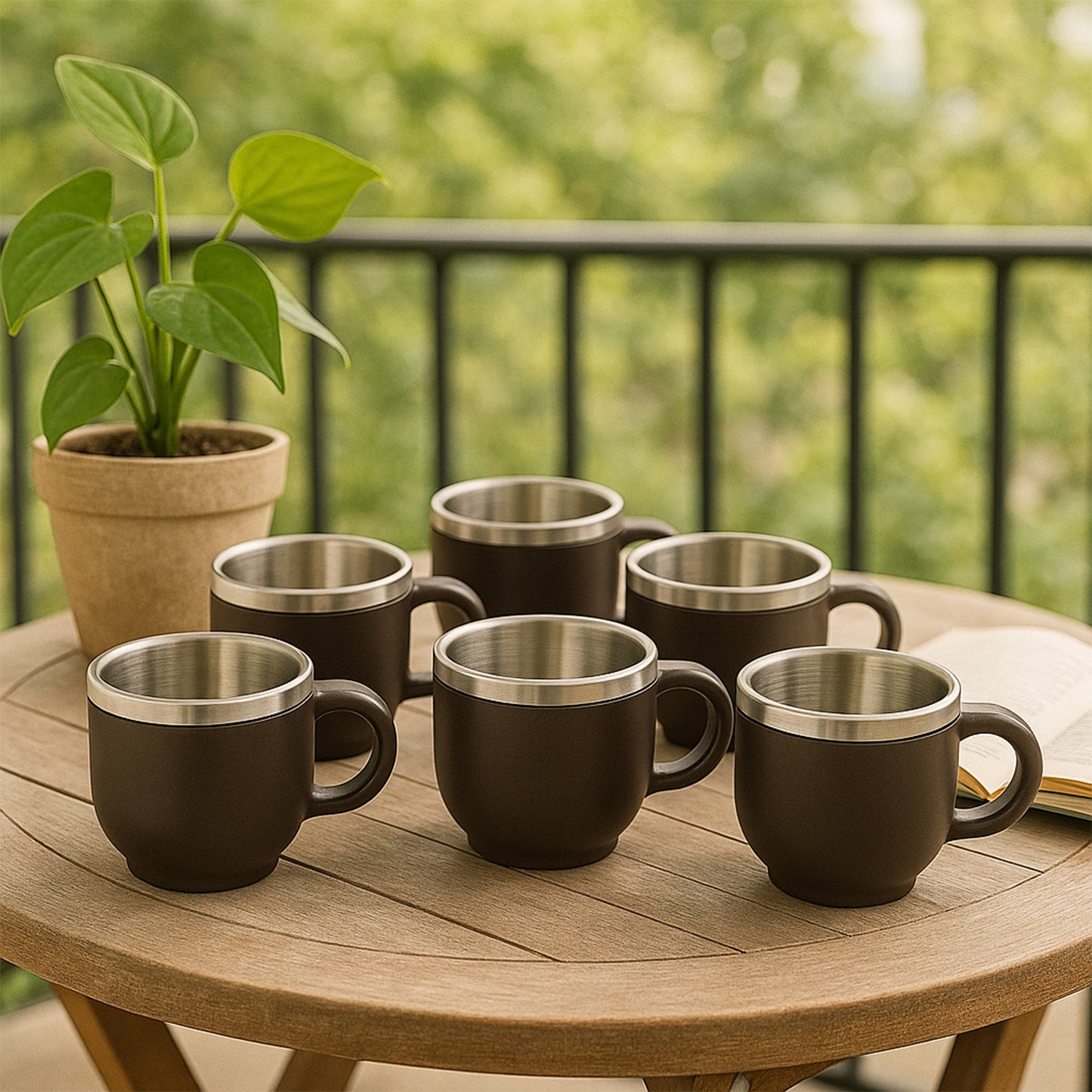 Apex 6 Pc Double Wall Stainless Steel Cappuccino Mugs Set, 100 ML Each, Brown Finish - Happy Price - Image 3
