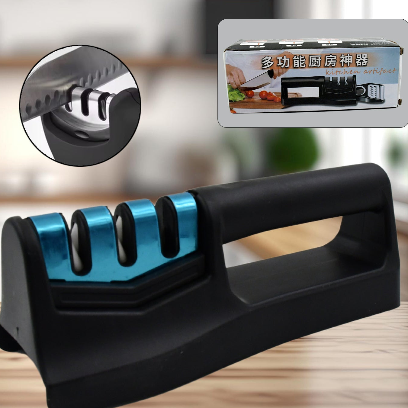 Knife Sharpener For Kitchen  Knife Sharpener With Vegetable Chopper And Fish Scale Remover  Handheld Knives  Pocket Knife Sharpener  Knife Sharpener For Chefs  Serrated Knife (9in1) - Happy Price - Image 1