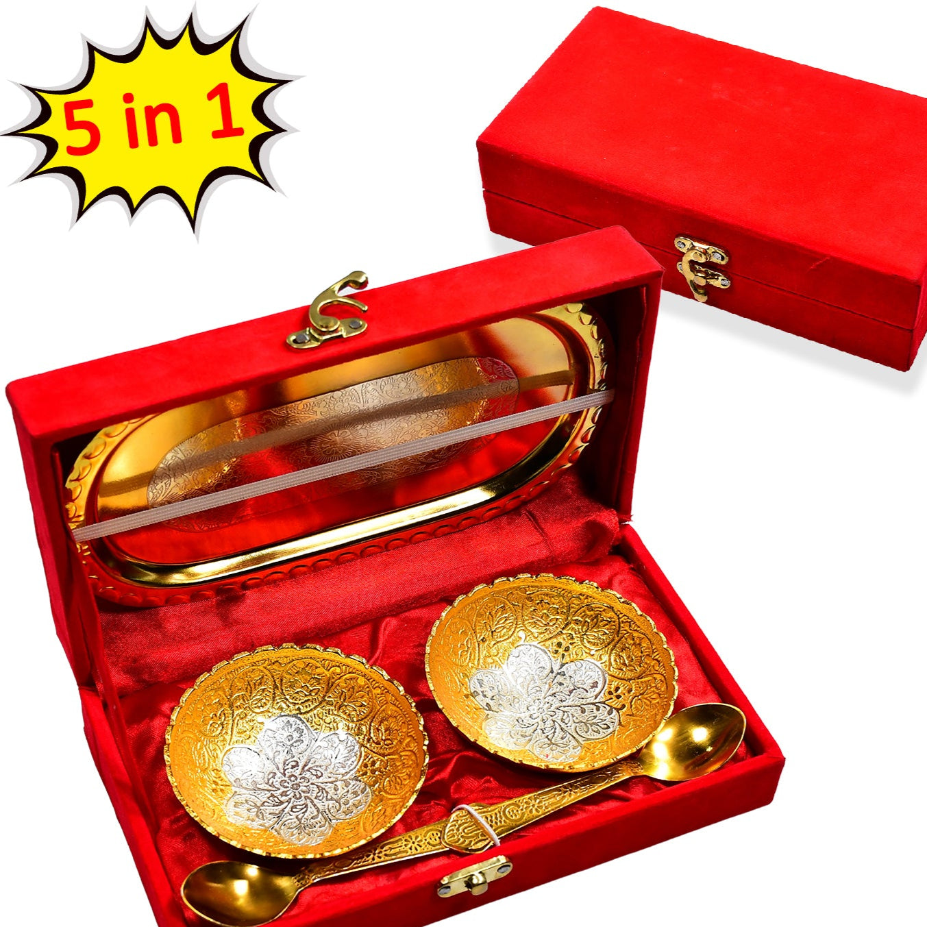 Gold Silver Plated 2 Bowl 2 Spoon Tray Set Brass With Red Velvet Gift Box Serving Dry Fruits Desserts Gift - Happy Price - Image 1