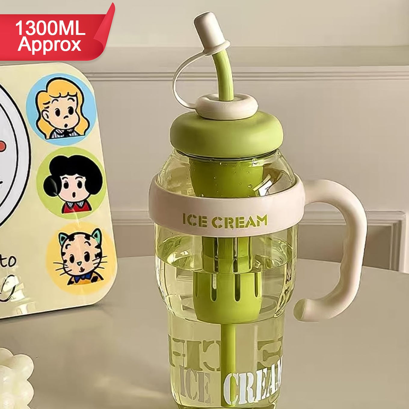 Approx 1300ml Large Capacity Cute Ice Cream Themed Water Bottle With Handle Straw  Fruit Infuser  Leakproof Sipper For Kids  Adults - Happy Price - Image 1