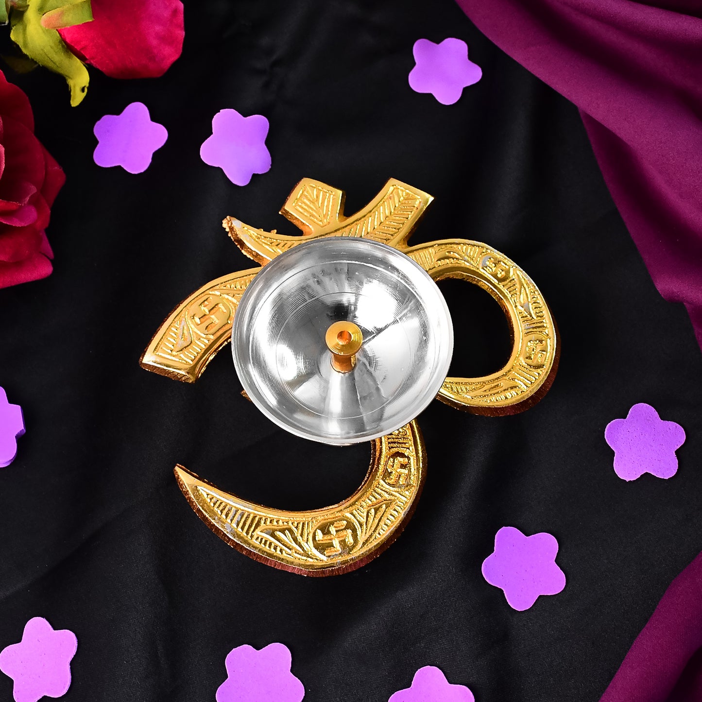 Om Symbol Brass Oil Diya with Silver Polish Bowl - 1 Pc - Happy Price - Image 4
