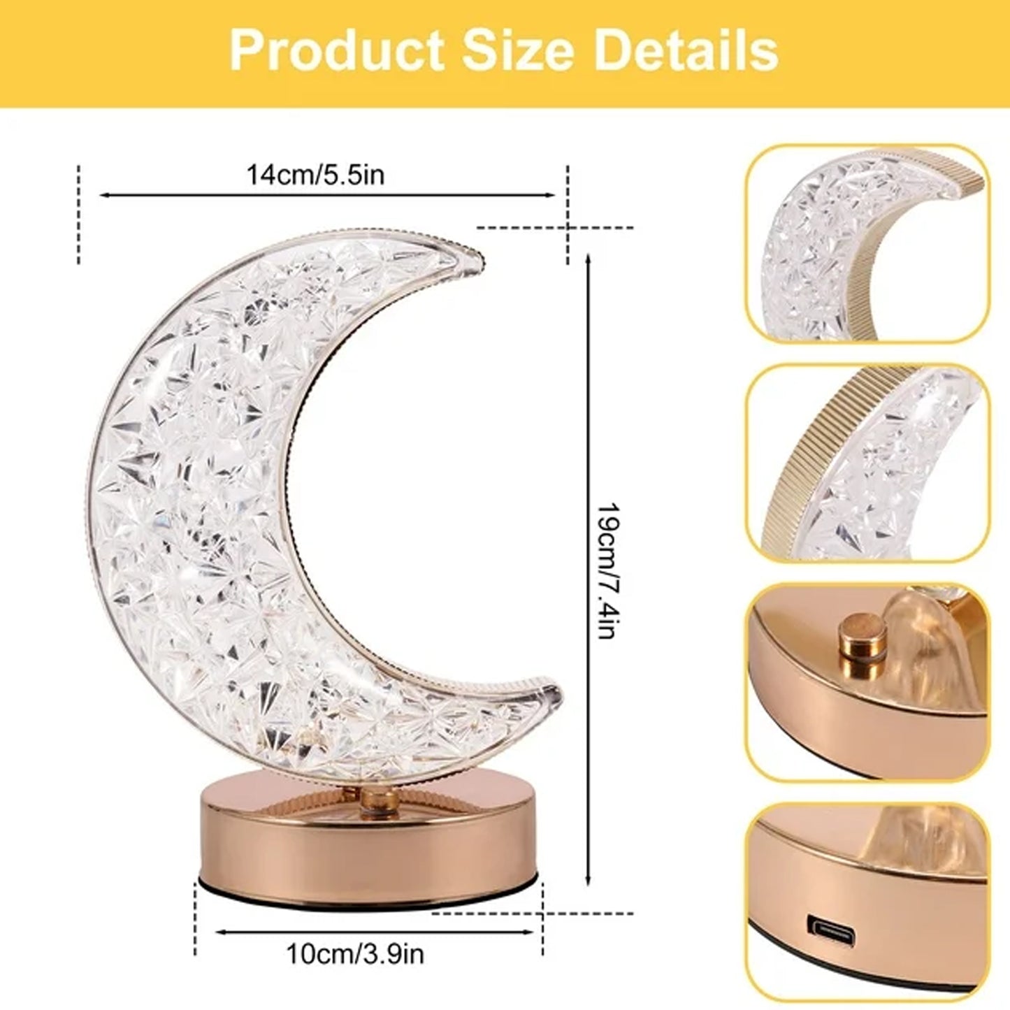 Crystal Table Lamp  Moon Shape Touch Control Lamp With 3 Color  Metal Bedside Lamp For Kids Bedroom Romantic Desktop Nightstand  Stepless Dimming Usb Charging Touch Night Light - Happy Price - Image 4