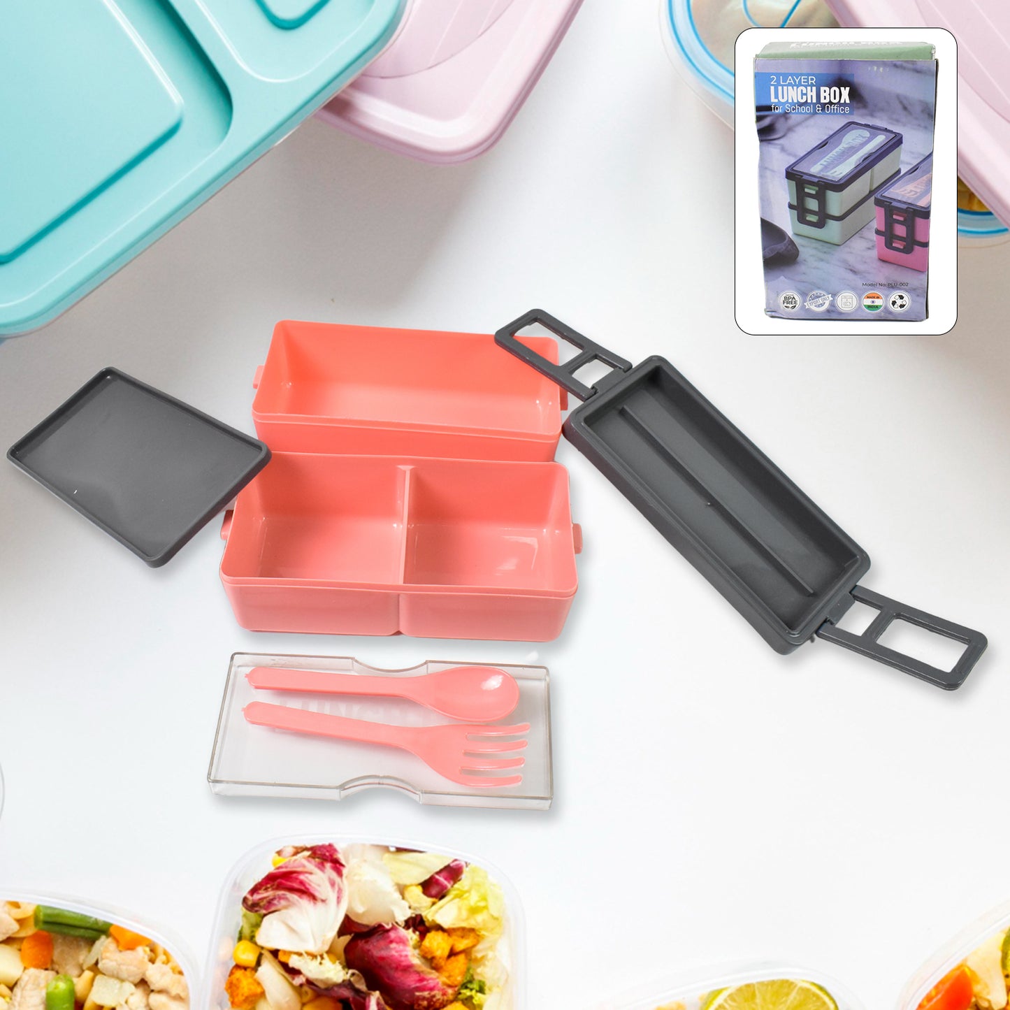 Plastic 3 Layer Leak Proof 3 Compartment Lunch Box For Office  (1 Pc) - Happy Price - Image 2