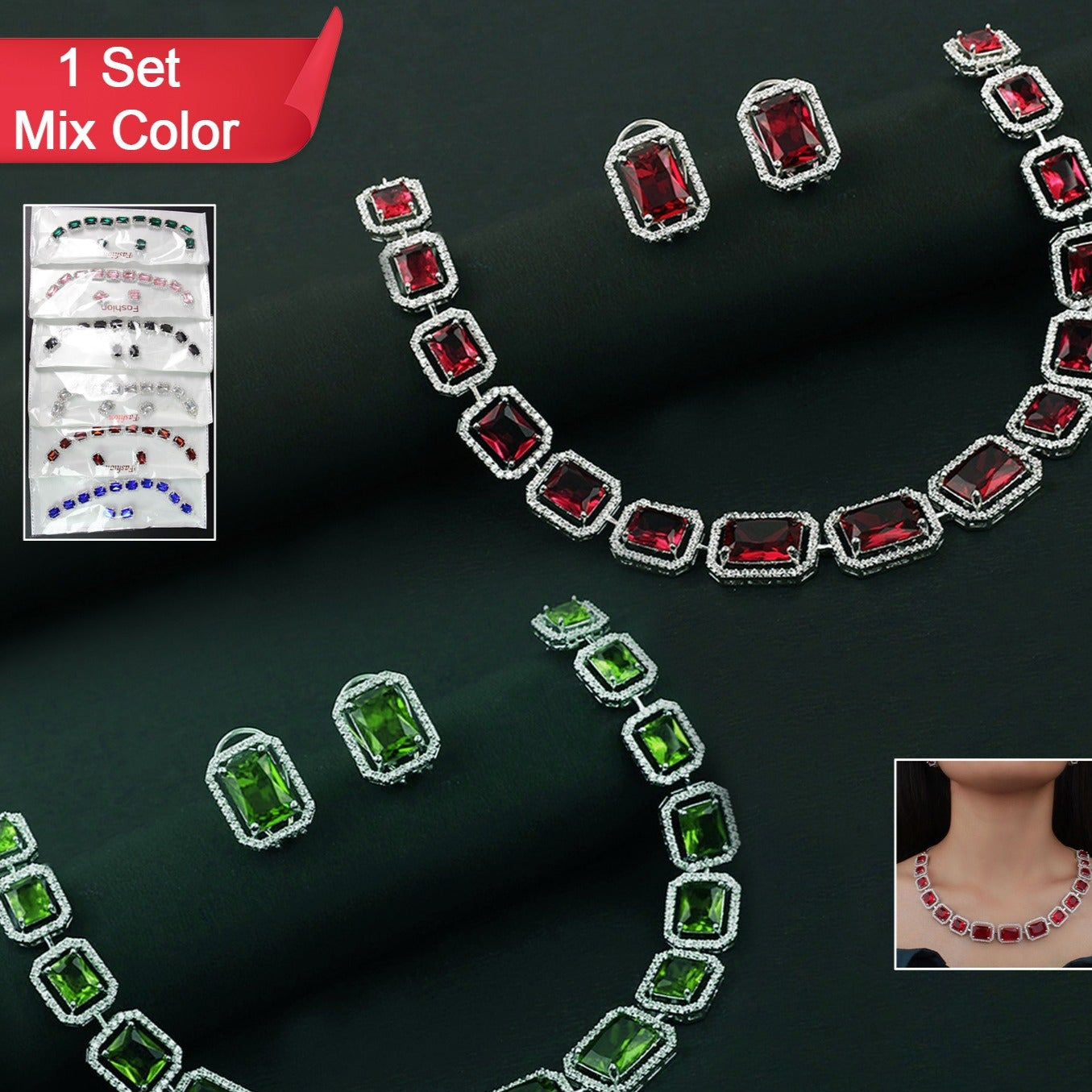 Diamond Necklace And Earrings Set (1 Set  Mix Color) - Happy Price - Image 1