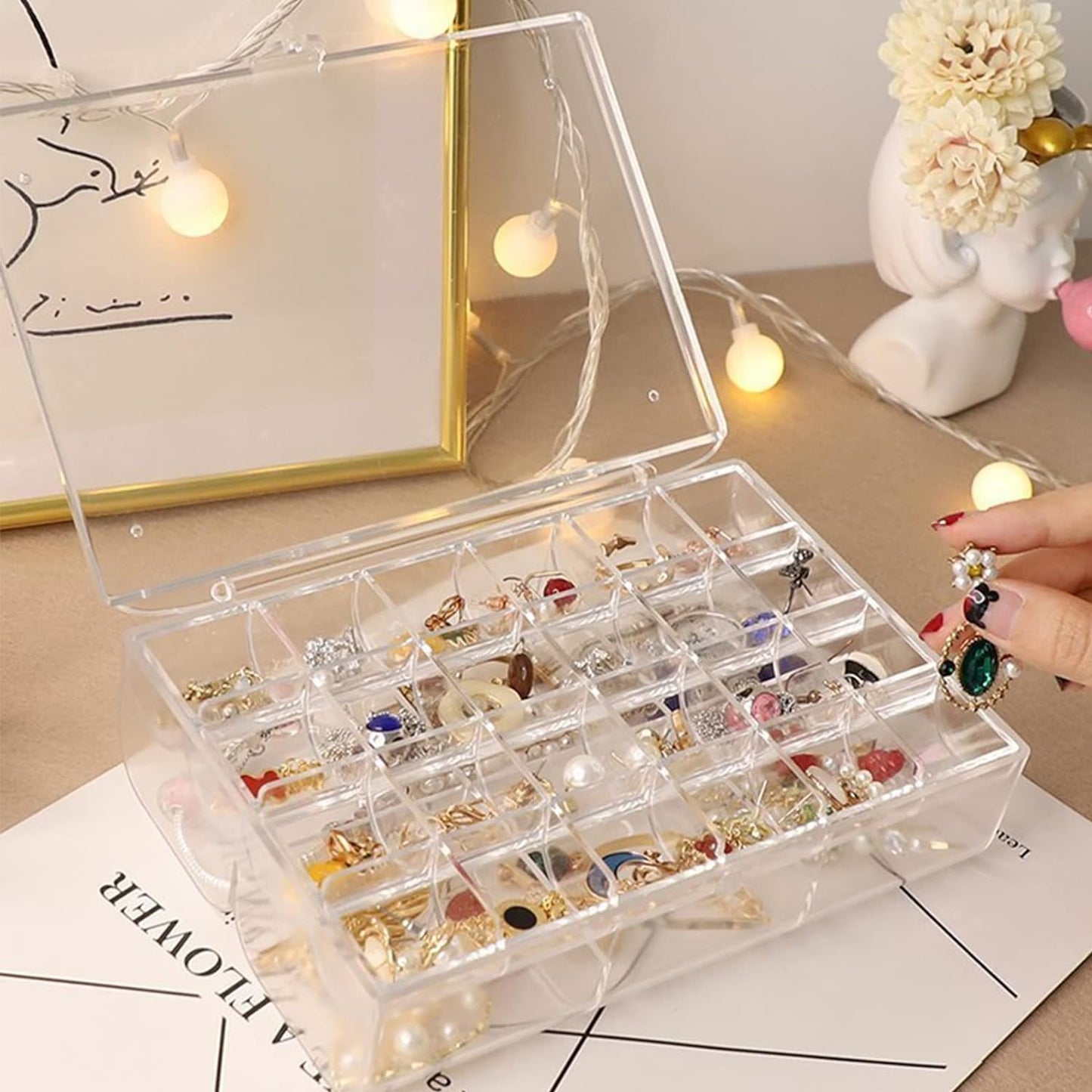 2 Layer Acrylic Jewelry Storage Box Dustproof Earring Box Storage Box Portable Nail Art Storage Case 24-grid Small And 6-grid Big Case Makeup Vanity Box (1 Pc  30 Compartment) - Happy Price - Image 7