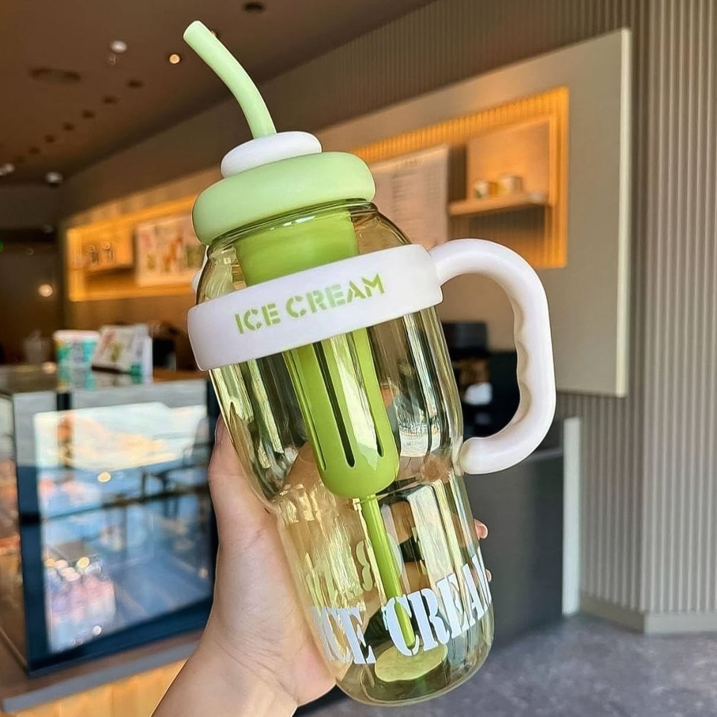 Approx 1300ml Large Capacity Cute Ice Cream Themed Water Bottle With Handle Straw  Fruit Infuser  Leakproof Sipper For Kids  Adults - Happy Price - Image 3