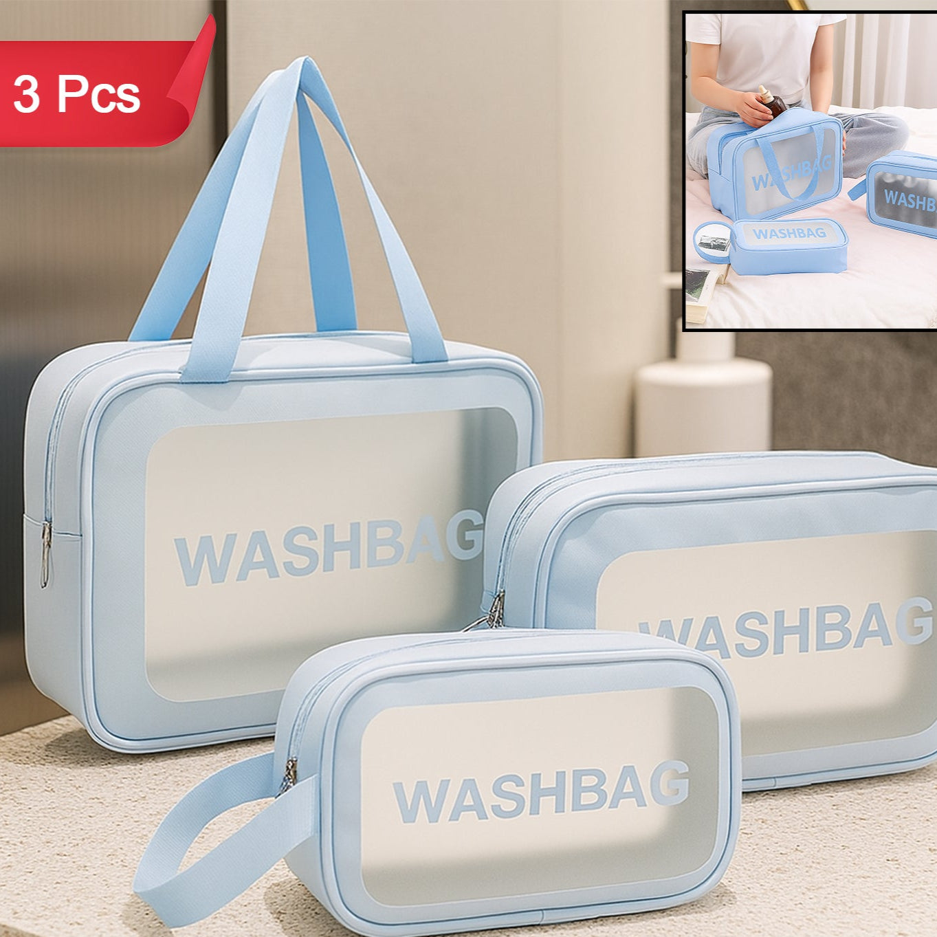 3-in-1 Waterproof Transparent Travel Toiletry Bag Set - Happy Price - Image 1