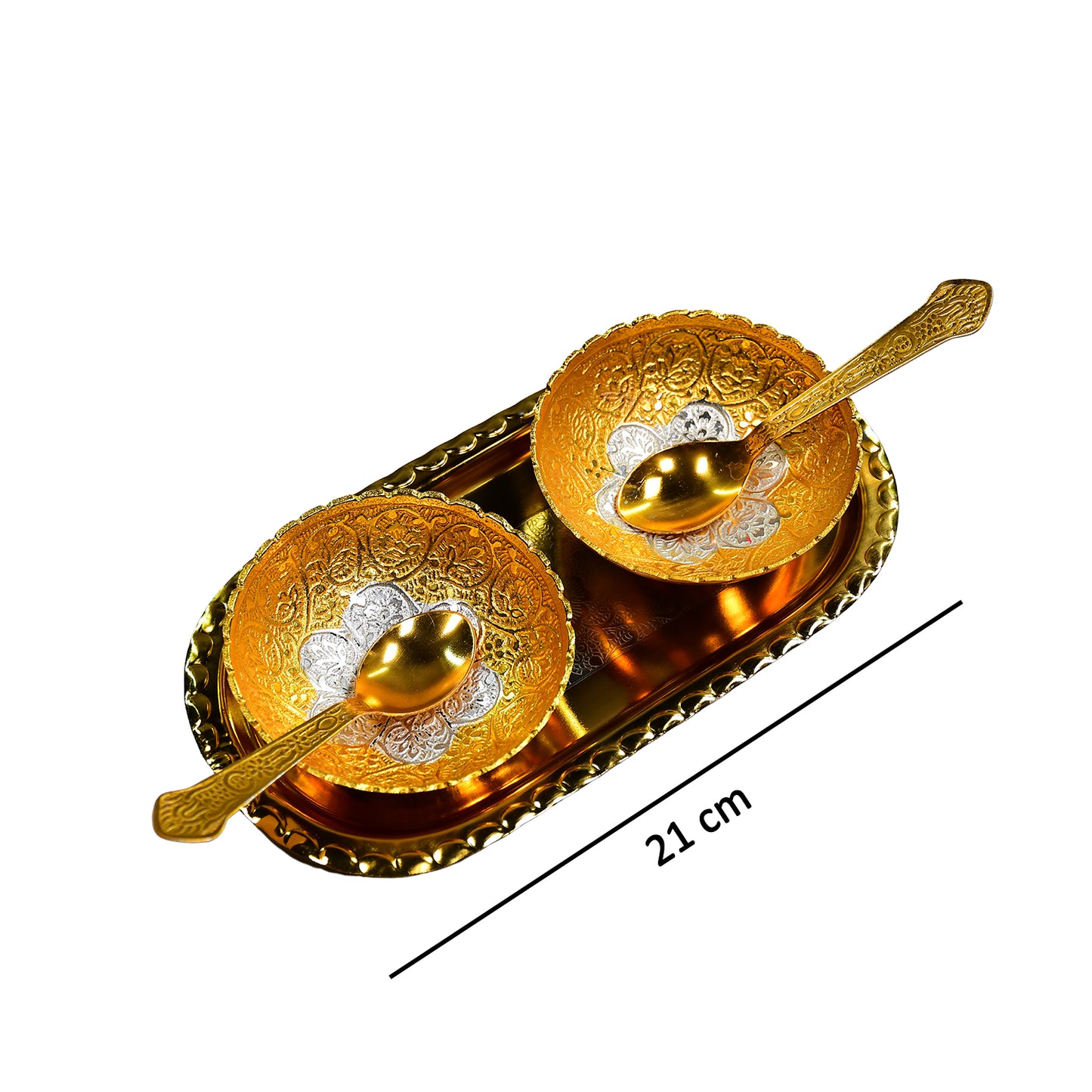 Gold Silver Plated 2 Bowl 2 Spoon Tray Set Brass With Red Velvet Gift Box Serving Dry Fruits Desserts Gift - Happy Price - Image 5