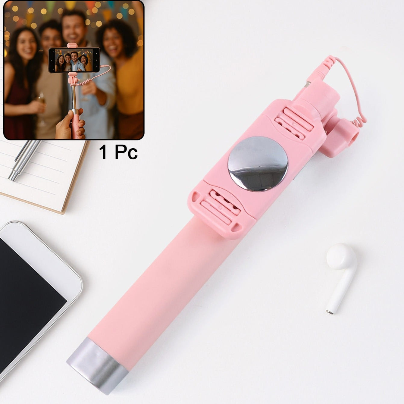 Wired Selfie Stick With Rearview Mirror  Built-in Shutter Button (1 Pc) - Happy Price - Image 1