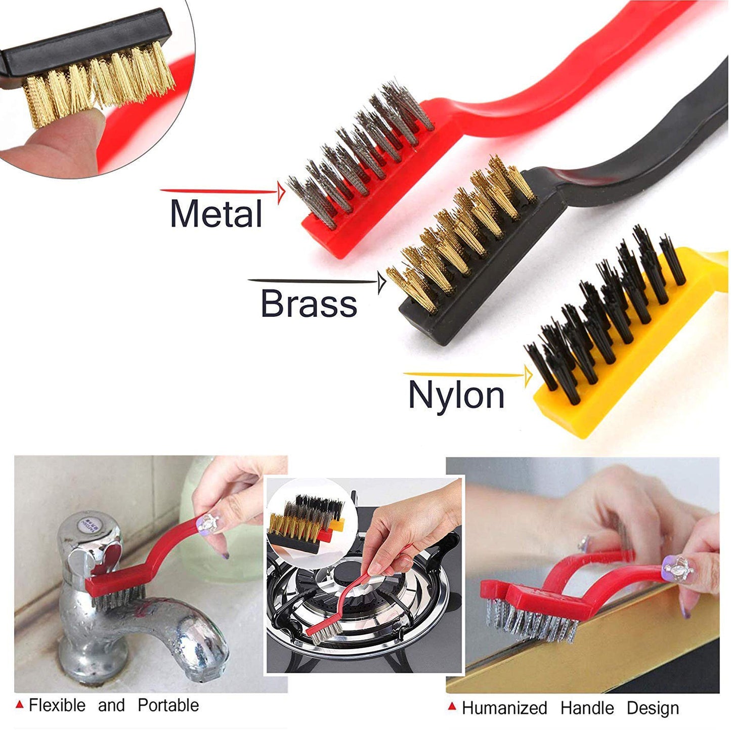 3pc  Mini Wire Brush Set Brass Nylon Stainless Steel Bristles Household Cleaning Brush For Gas Stove Smoke Machine Tool Burner Tiles Tap Rust Removal Welding Slag Dirt  Paint Scrubbing. - Happy Price - Image 6