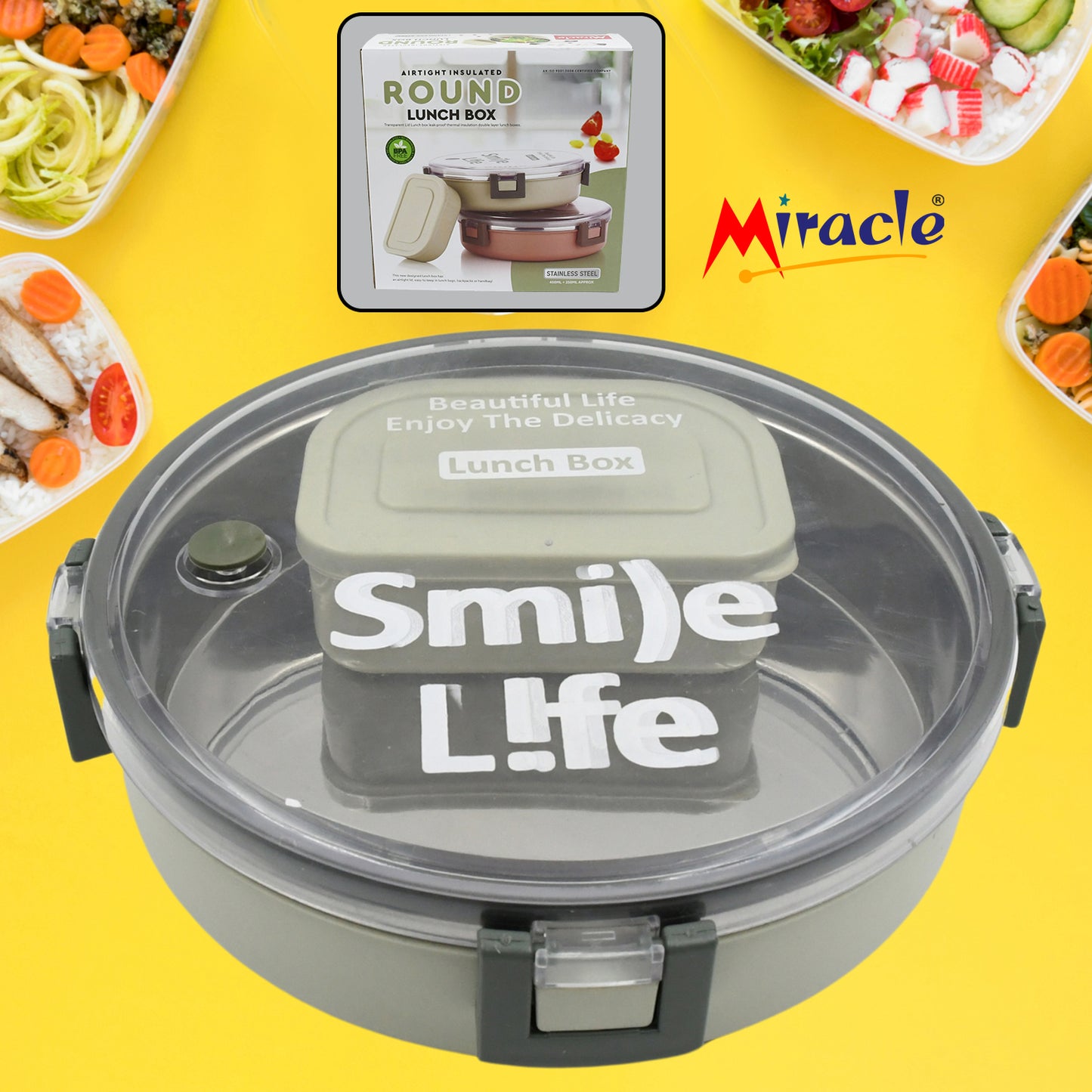 Miracle Stainless Steel Round Lunch Box With Small Plastic Box Insert Leak Proof Lunch Box With Transparent Lid Lunch Box For Kids  Adults For School Office (450 Ml + 250 Ml Approx) - Happy Price - Image 2