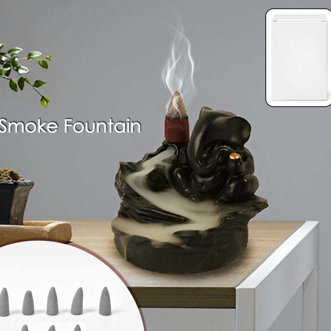 Smoke Fountain Ganesha Idol Decoration Items With 8 Pc Backflow Incense Cones Sticks (1 Pc) - Happy Price - Image 1