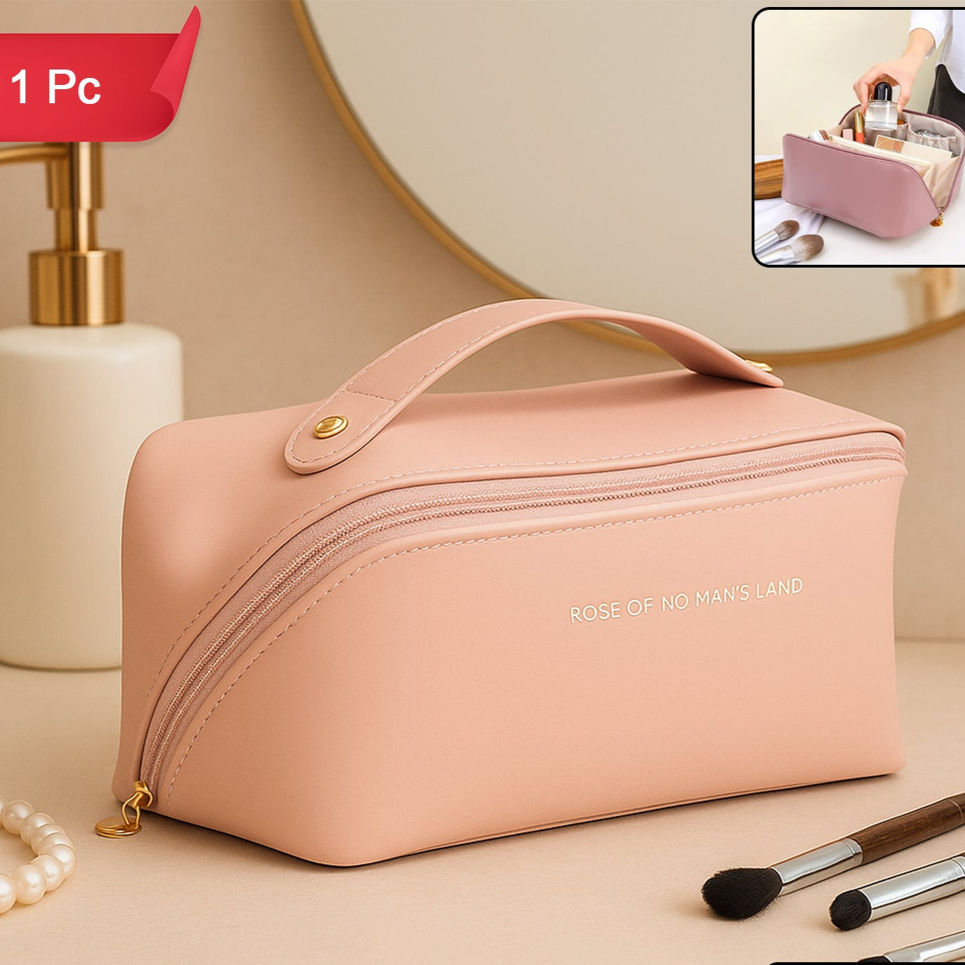 Premium Peach Travel Makeup  Toiletry Organizer Pouch With Zipper  Handle (1 Pc) - Happy Price - Image 1