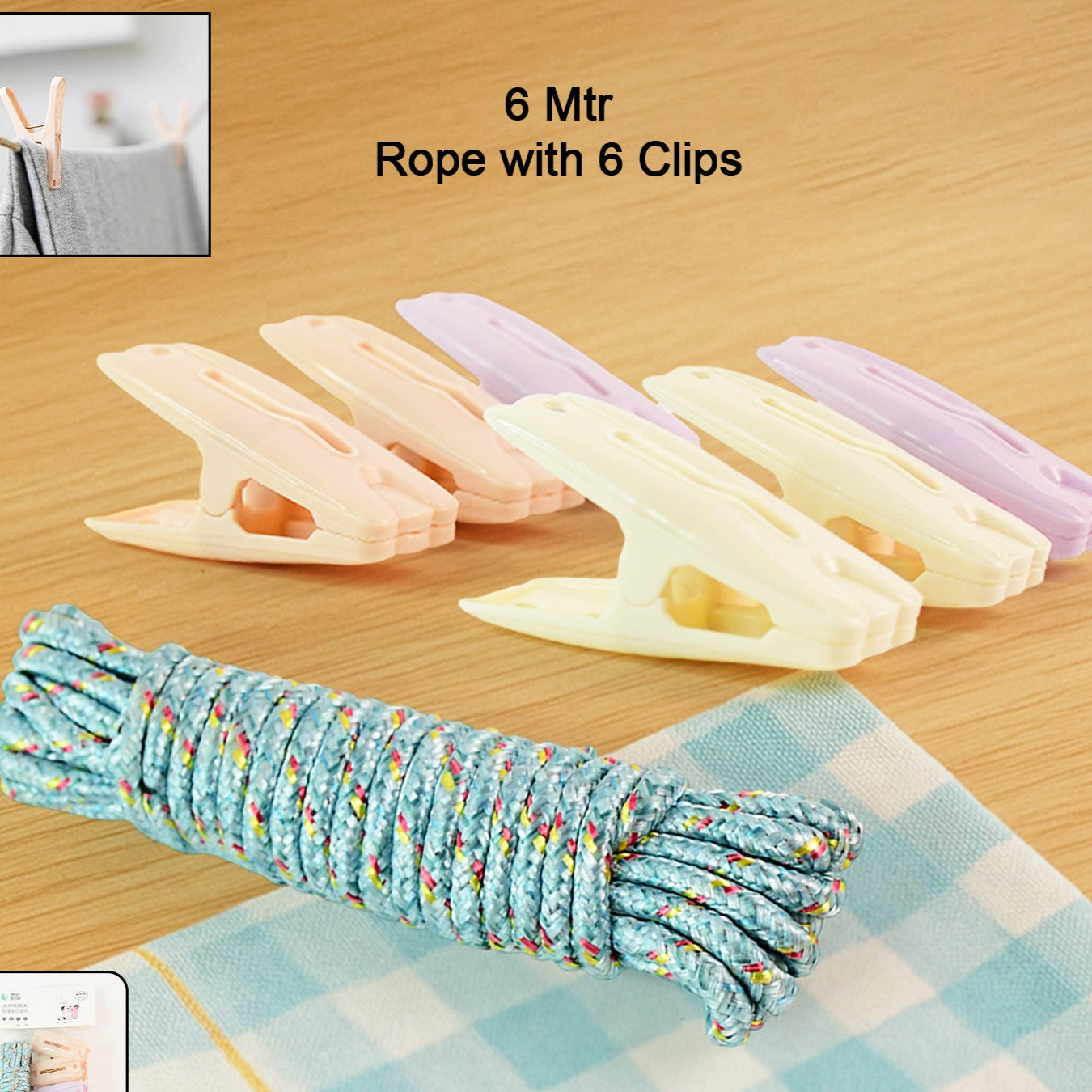 Clothesline Rope With 6 Clips  6 Meter Approx Heavy Duty Laundry Drying Rope With Clip - Happy Price - Image 1
