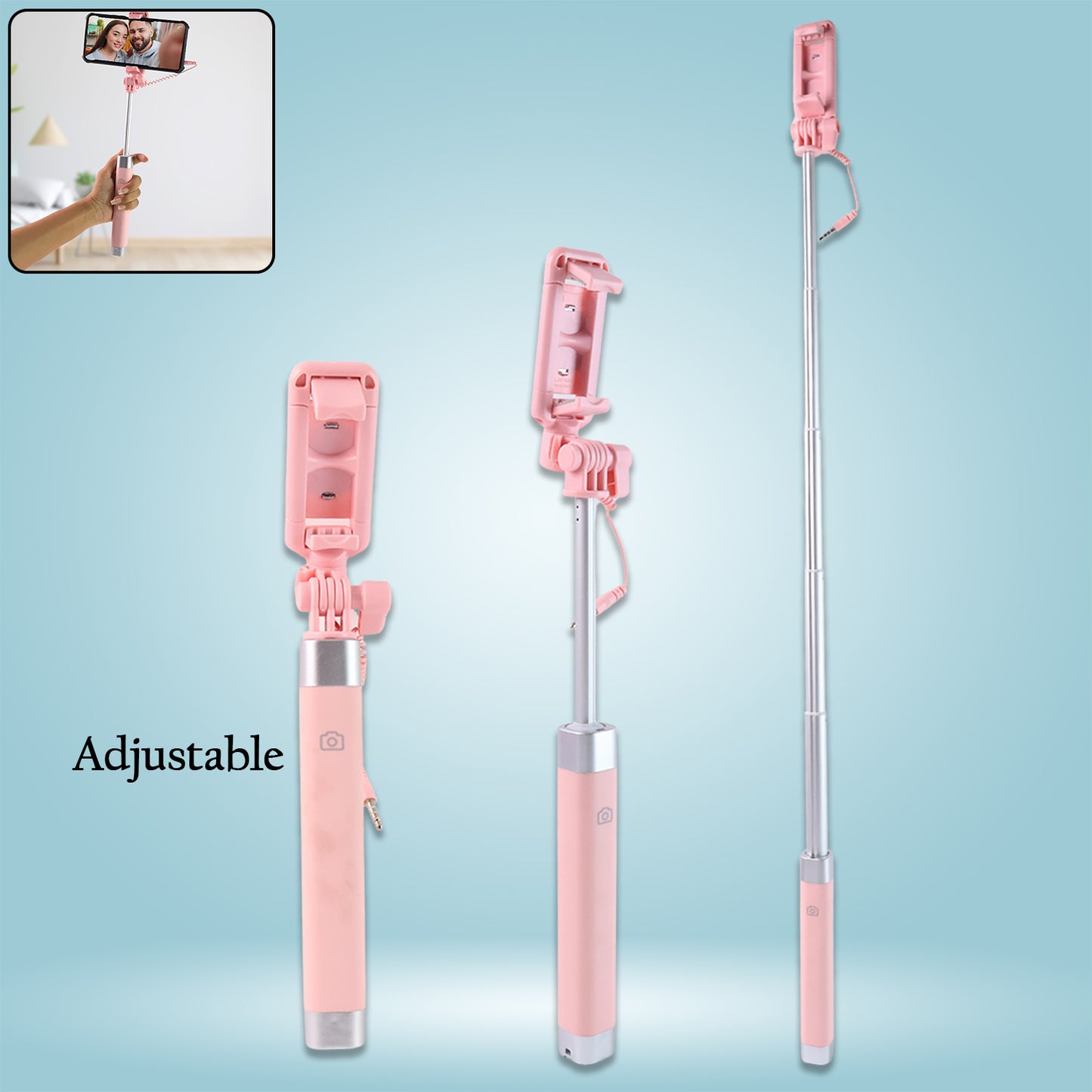 Wired Selfie Stick With Rearview Mirror  Built-in Shutter Button (1 Pc) - Happy Price - Image 3