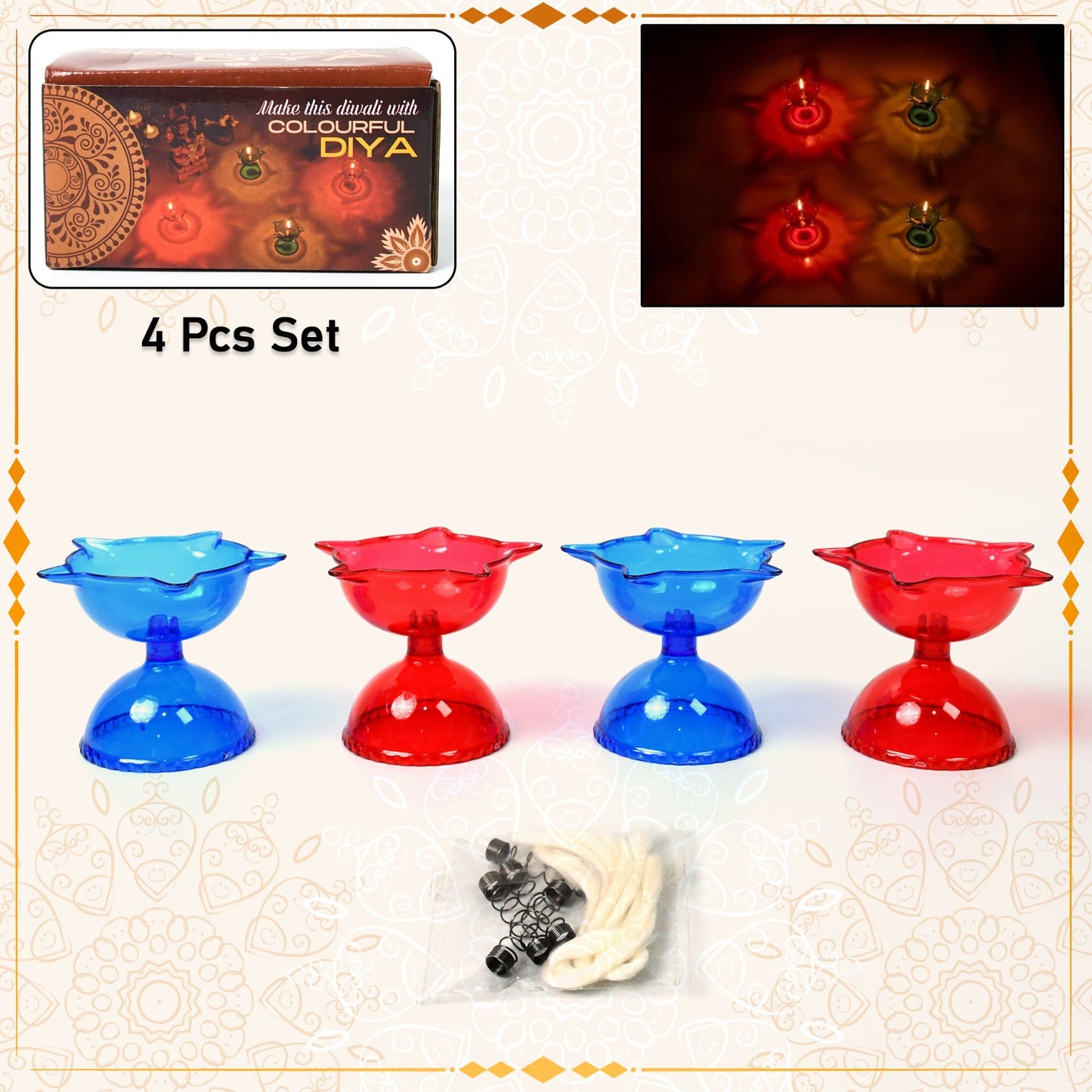 Colourful Reflection Diya Combo Plastic Candle Cup With Multi Shape (4 Pcs Set) - Happy Price - Image 2