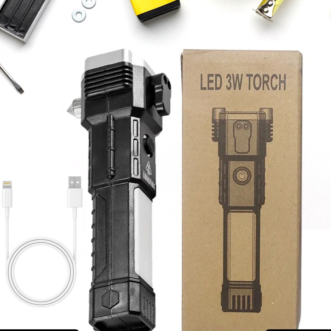 Portable 3w Rechargeable Torch Led Flashlight Long Distance Beam Range Hammer And Strong Magnets Window Glass And Seat Belt Cutter 4 Modes For Car Camping Hiking Indoor Outdoor - Happy Price - Image 1