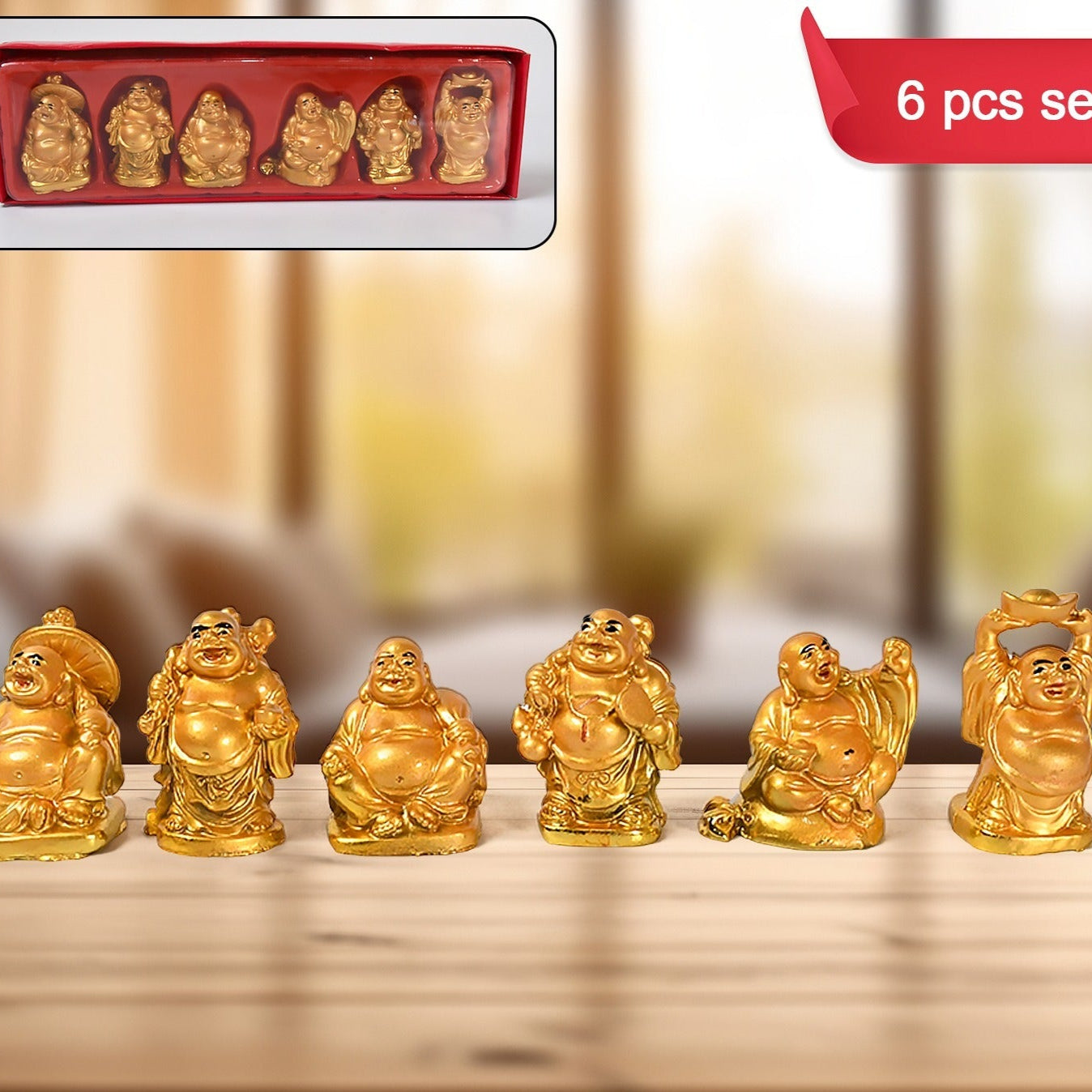 Golden Laughing Buddha Set Of Six Pieces Statue For Happiness Wealth  Good Luck Decor For Wealth And Success (6 Pcs Set) - Happy Price - Image 1