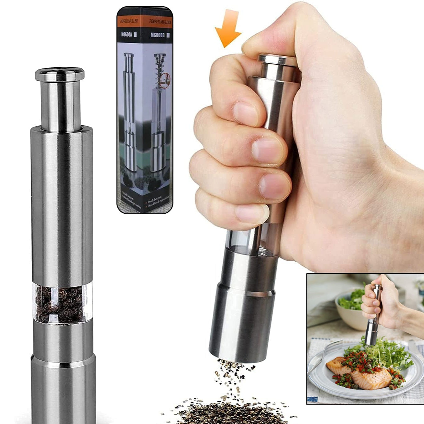 Stainless Steel Thumb Presser Salt And Pepper Grinder (1 Pc) - Happy Price - Image 1