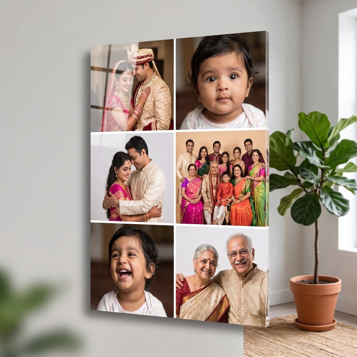 Acrylic Photo Collage Frame — Upload up to 6 Photos printed on a glossy acrylic photo frame, mounted on a wall at home