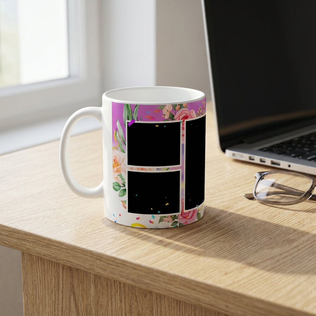 Pink Rose Confetti – Custom Photo Print Ceramic Mug (11oz) - Personalized 6-Photo Gift