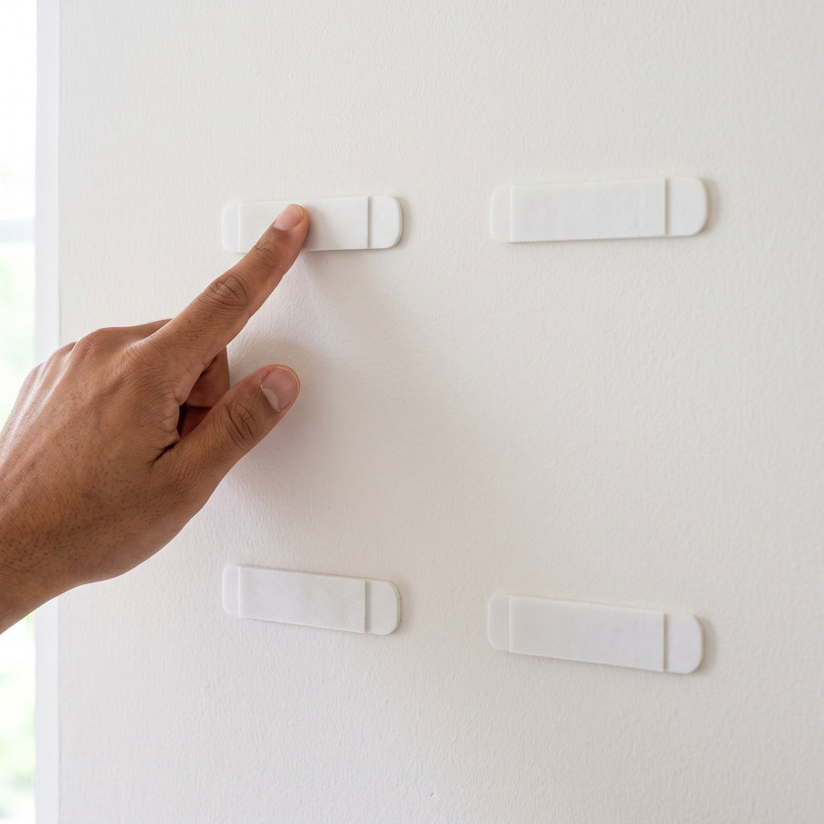 Adhesive wall tape strips pressed onto a wall, ready to mount an acrylic photo frame without drilling