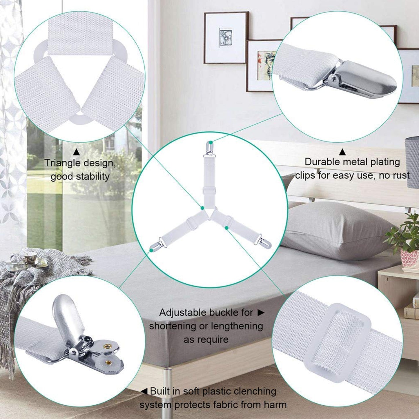 Adjustable Triangle Elastic Suspenders Gripper Holder Straps Clip For Bed Sheets (4 Pc) - Happy Price - Image 2