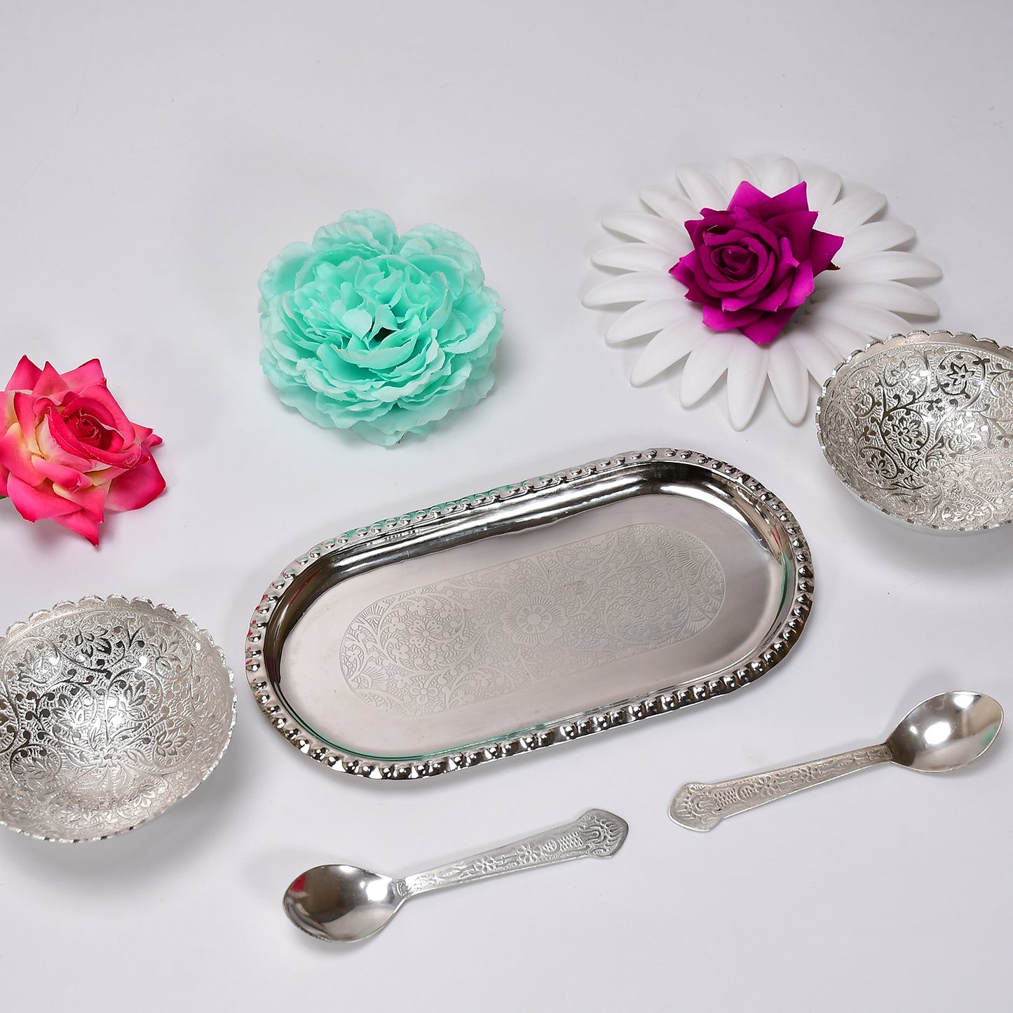 Silver Plated 2 Bowl 2 Spoon Tray Set Brass With Red Velvet Gift Box Serving Dry Fruits Desserts Gift - Happy Price - Image 6