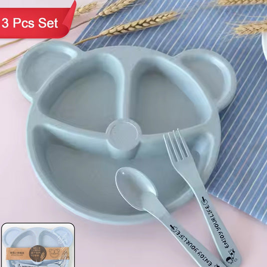 Kids 3 Compartment Food Tray  Plates With Spoon  Fork (1 Set) - Happy Price - Image 1