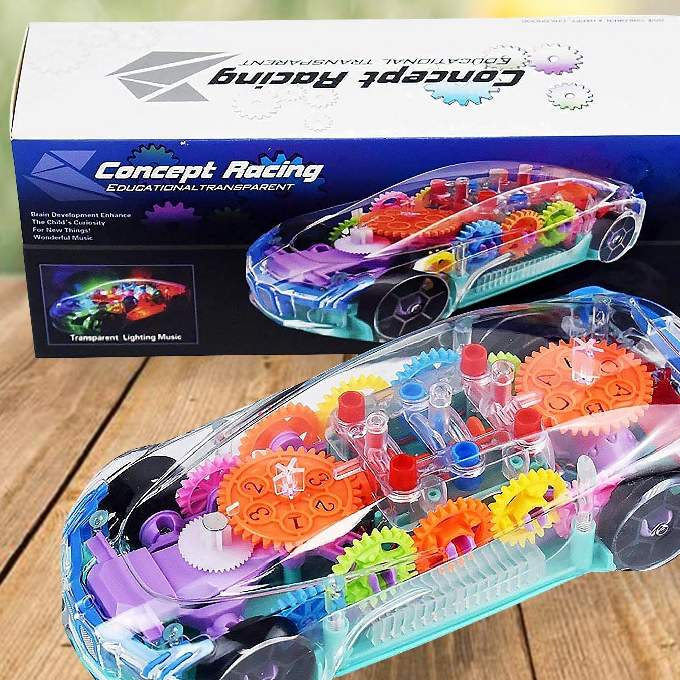 Automatic 360 Degree Rotating Transparent Gear Concept Car With Musical And 3d Flashing Lights Toy For Kids Boys Girls (Multicolor Battery Not Included) - Happy Price - Image 2