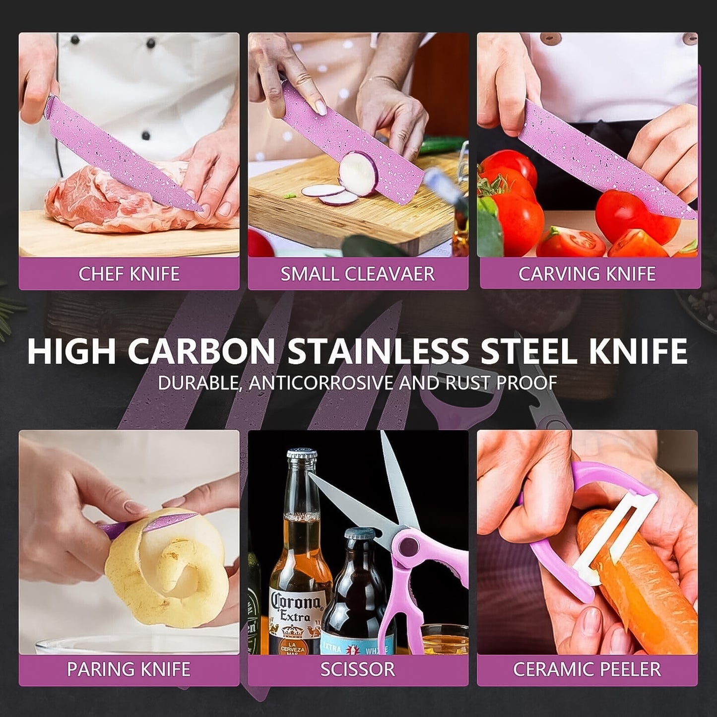 Stainless Steel Non Stick Ceramic Coating 6 Pcs Chef Kitchen Knife Set With Scissor  Peeler - Happy Price - Image 6