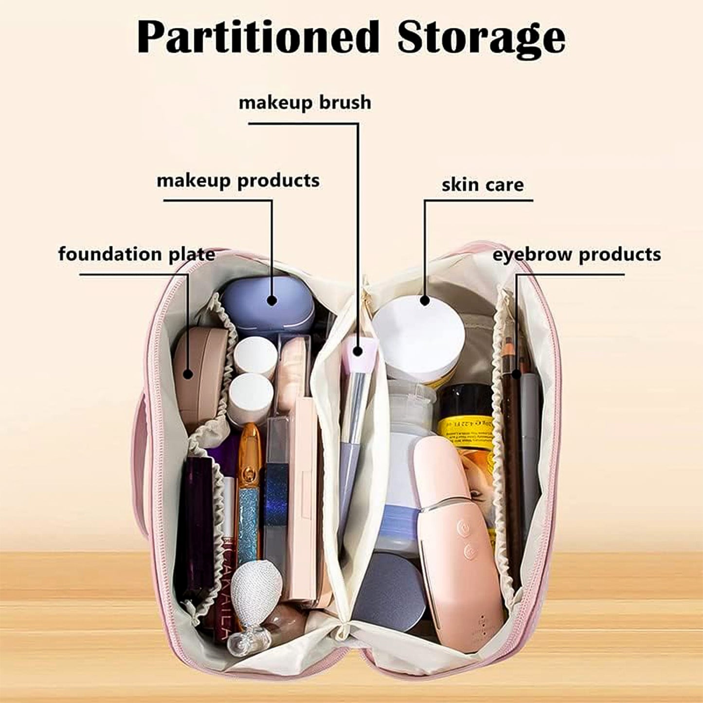 Premium Peach Travel Makeup  Toiletry Organizer Pouch With Zipper  Handle (1 Pc) - Happy Price - Image 3